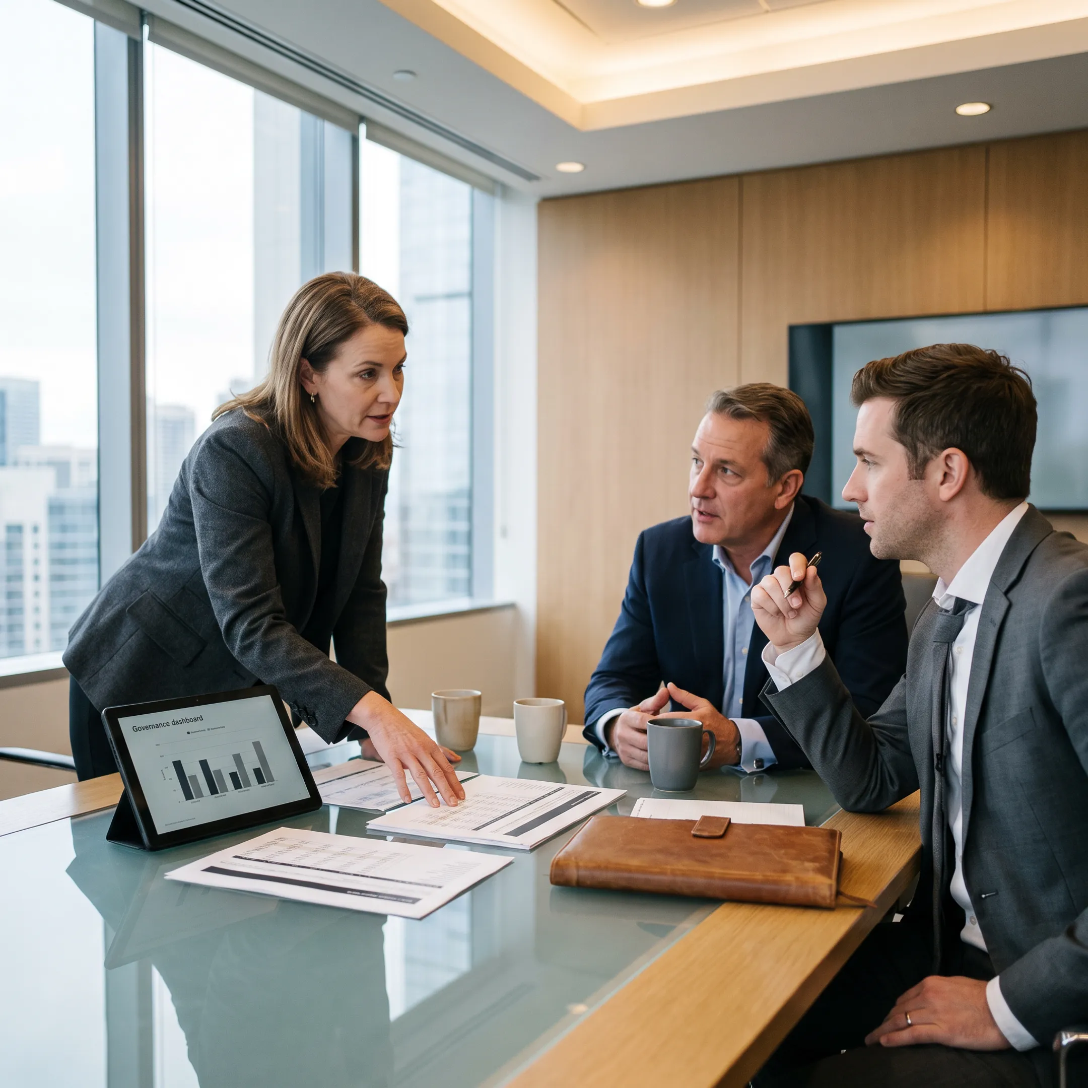 Risk management consultants reviewing operational compliance reports in an office