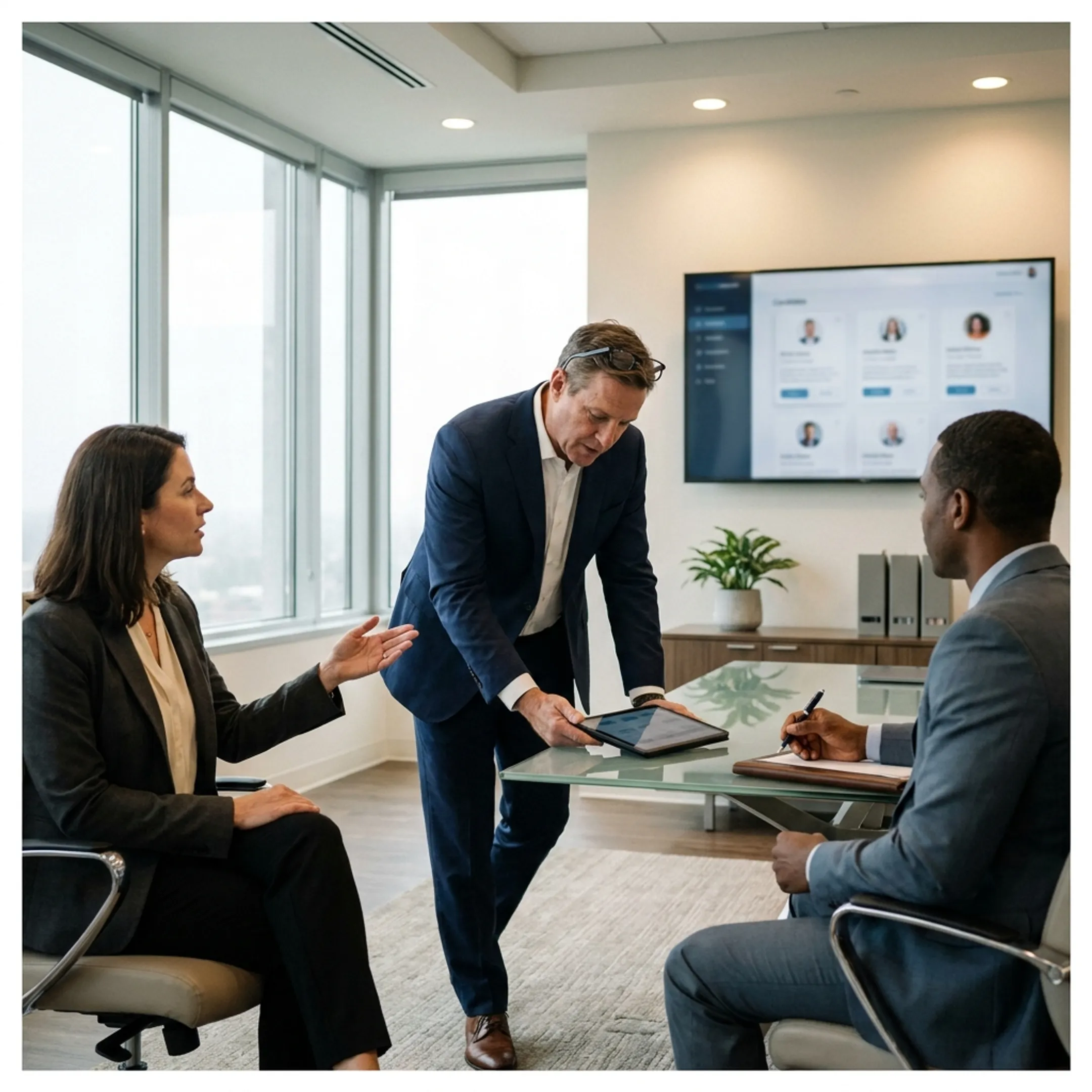Executive recruitment team evaluating risk management specialists and quantitative analytics profiles