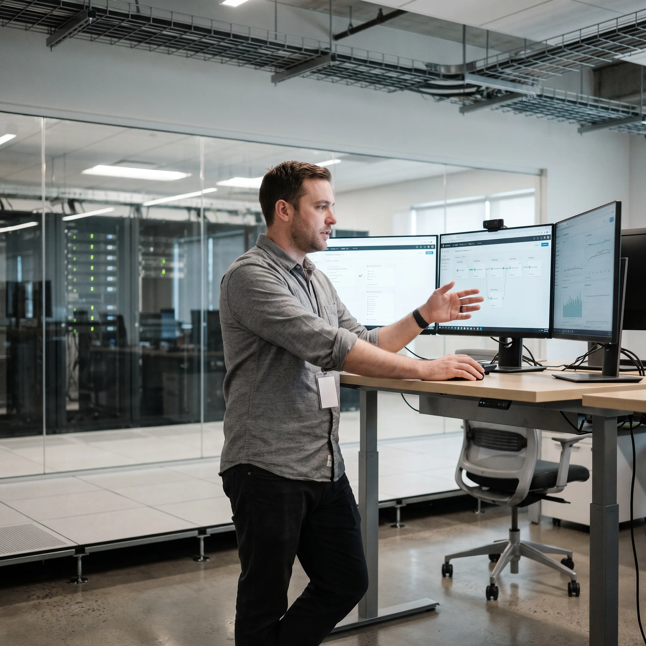DevOps engineers collaborating in a modern technology workspace