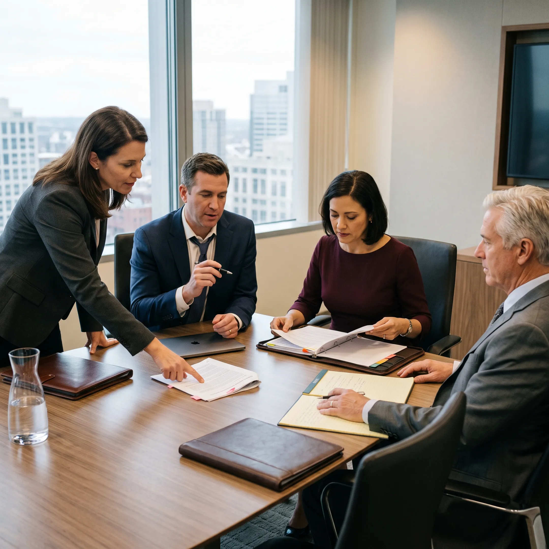 Corporate risk and compliance managers reviewing regulatory requirements in a modern office