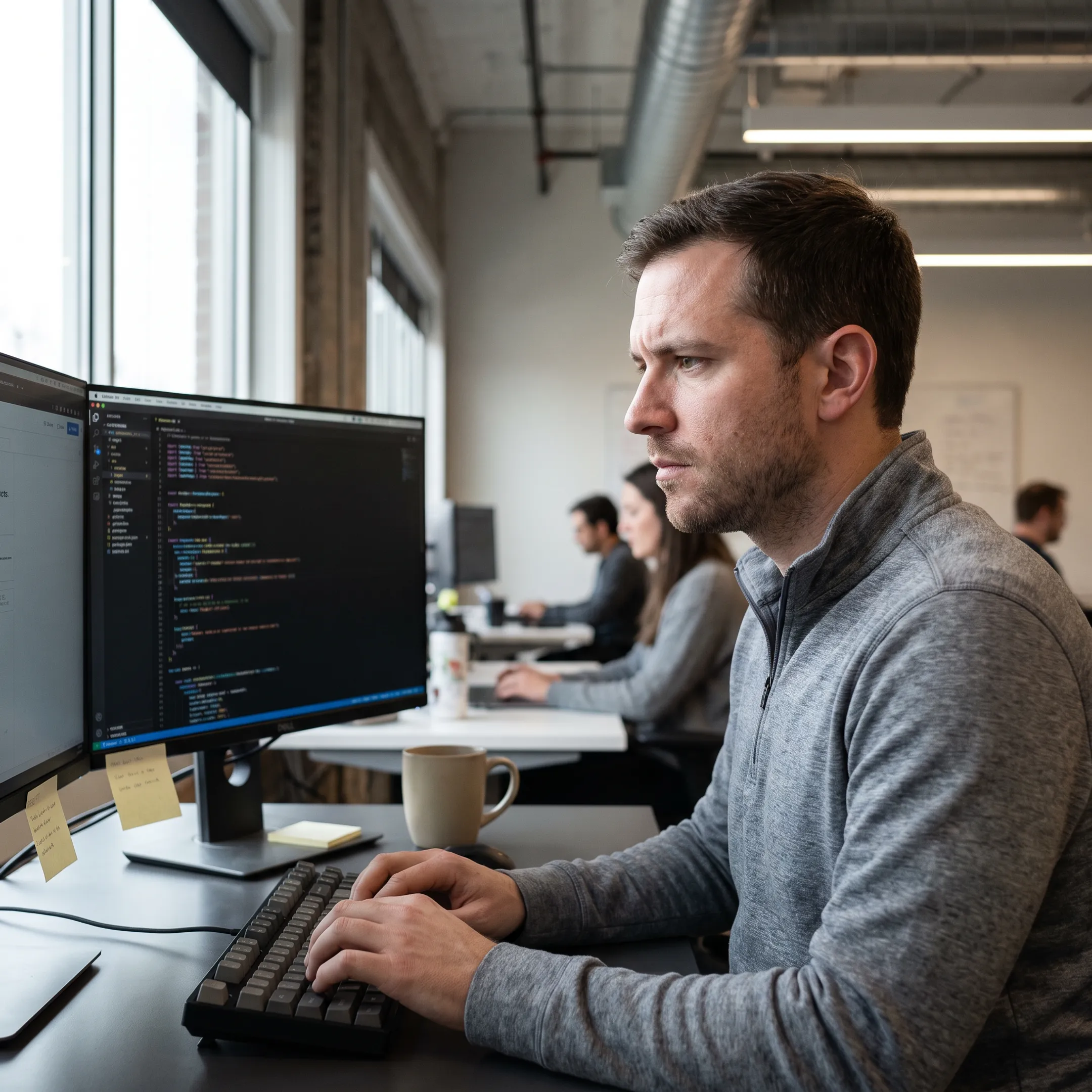 Front end software developer analyzing code on multiple monitors