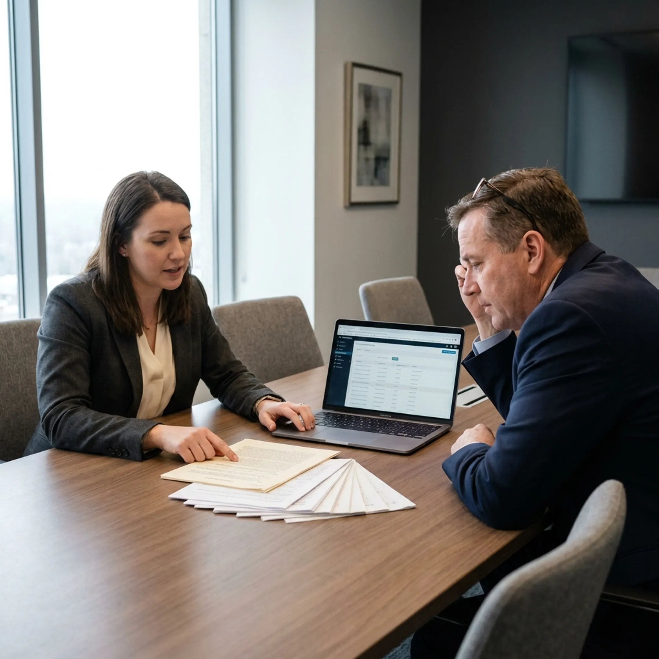 Corporate governance team discussing financial compliance and risk controls
