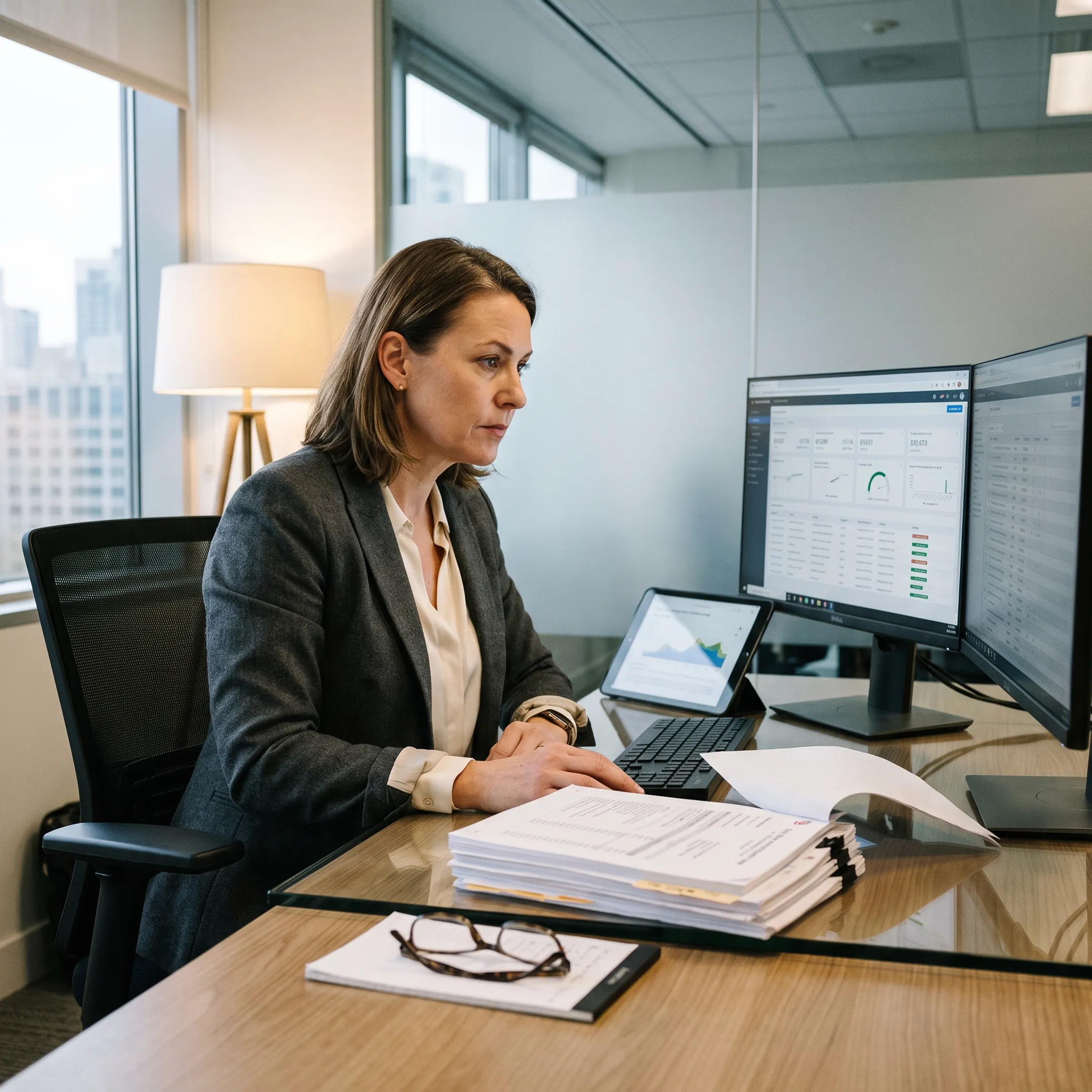 Compliance professional reviewing anti-money laundering data reports