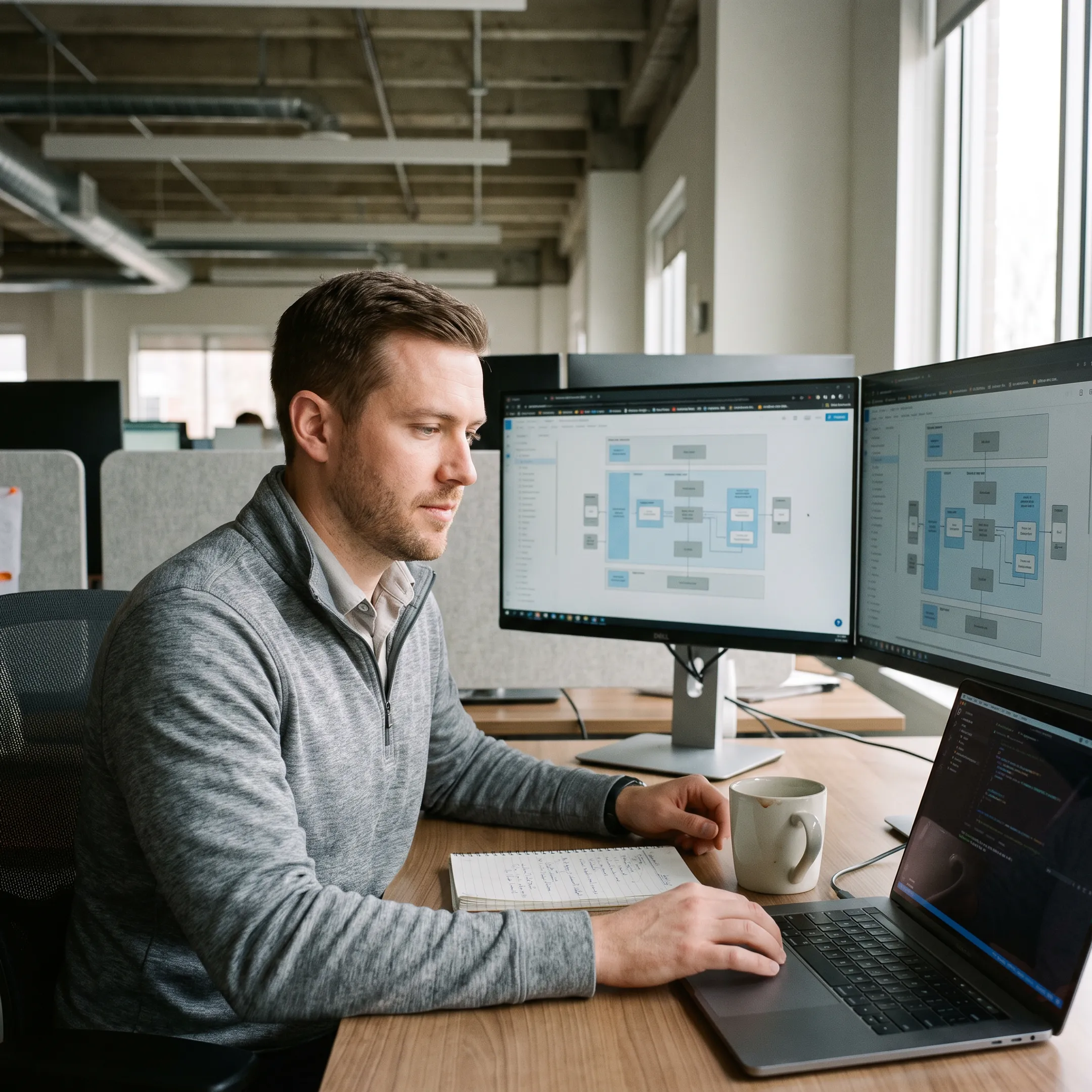 Platform engineer reviewing cloud infrastructure code on multiple monitors