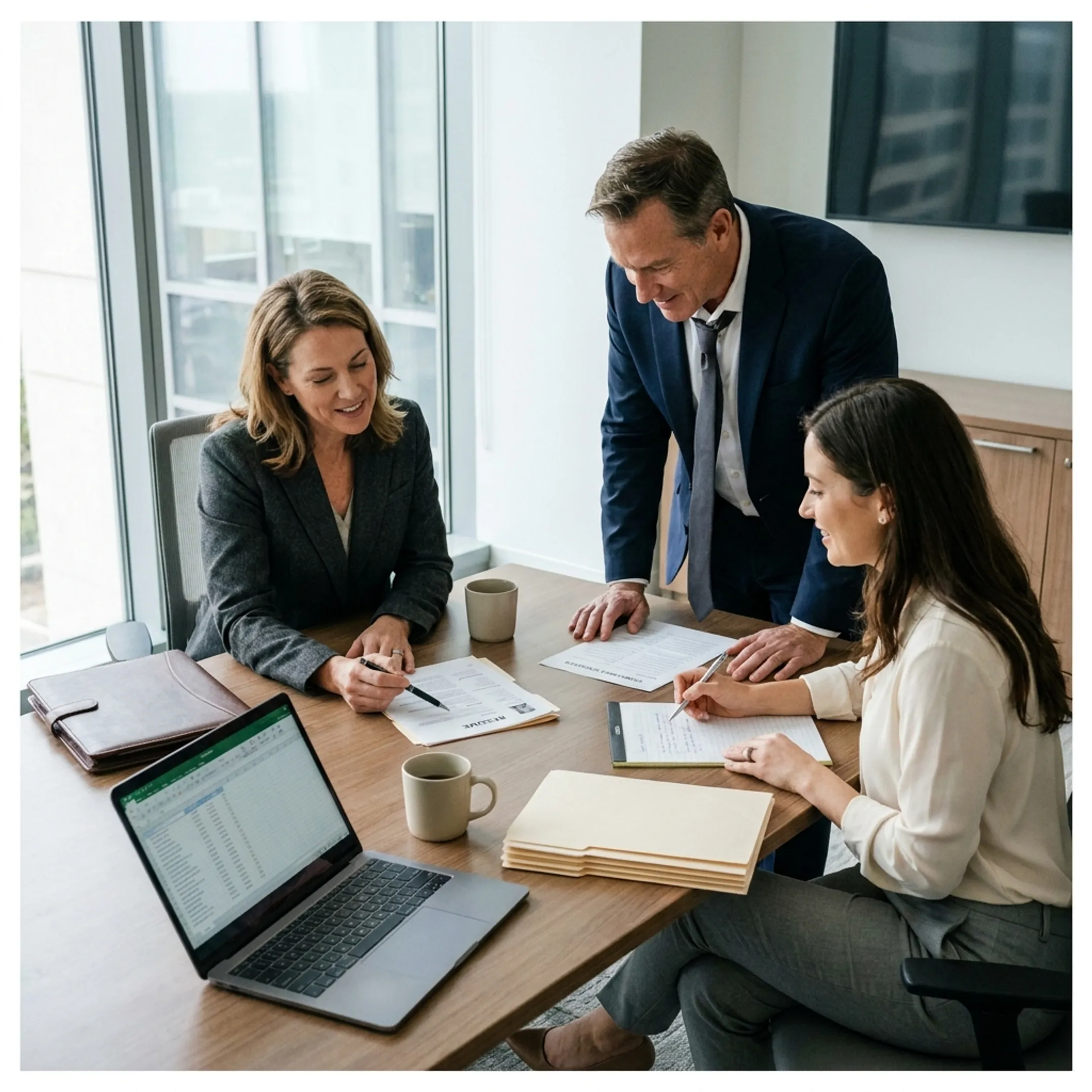 Recruitment professionals discussing candidate resumes in a conference room