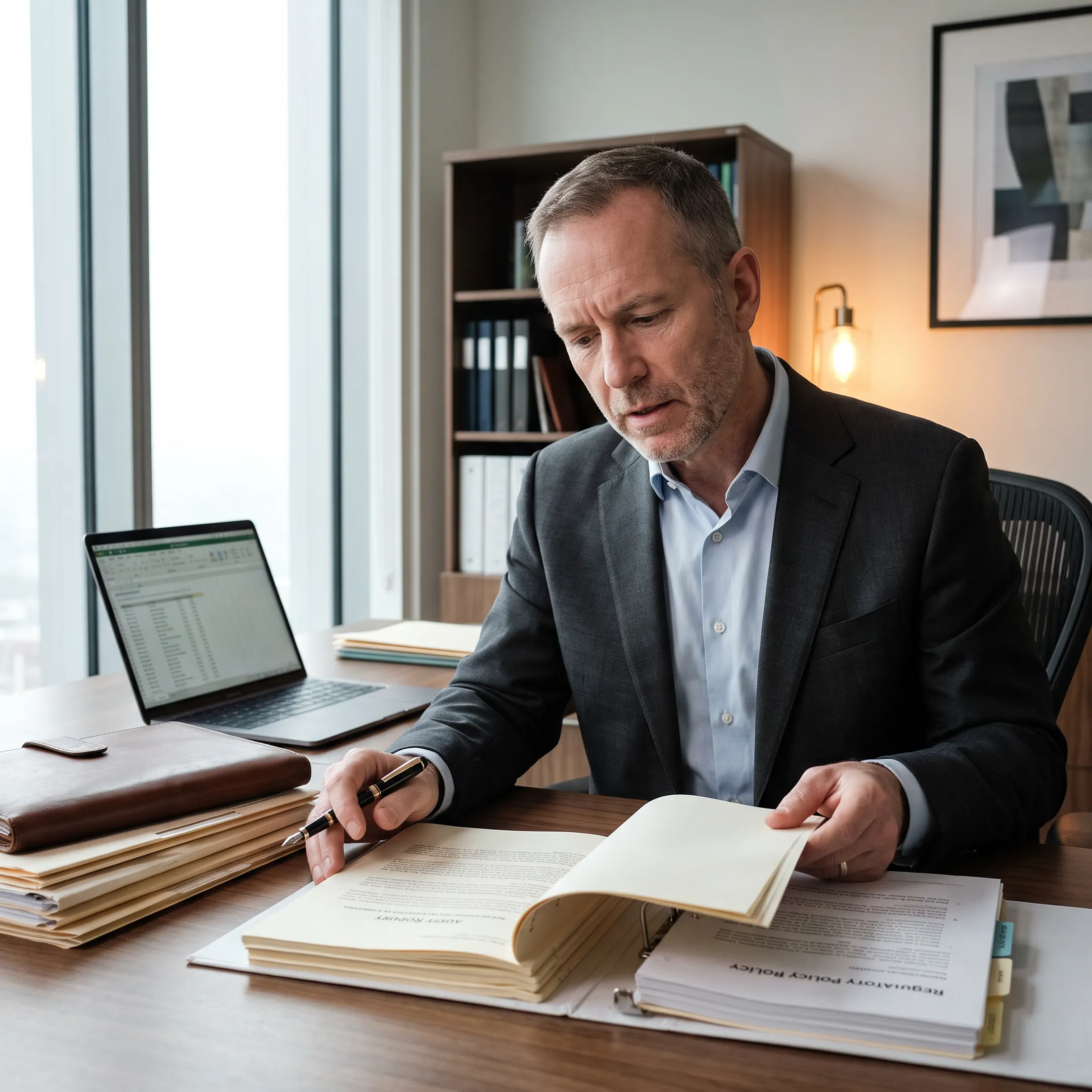 Compliance executive reviewing regulatory documents in a corporate office