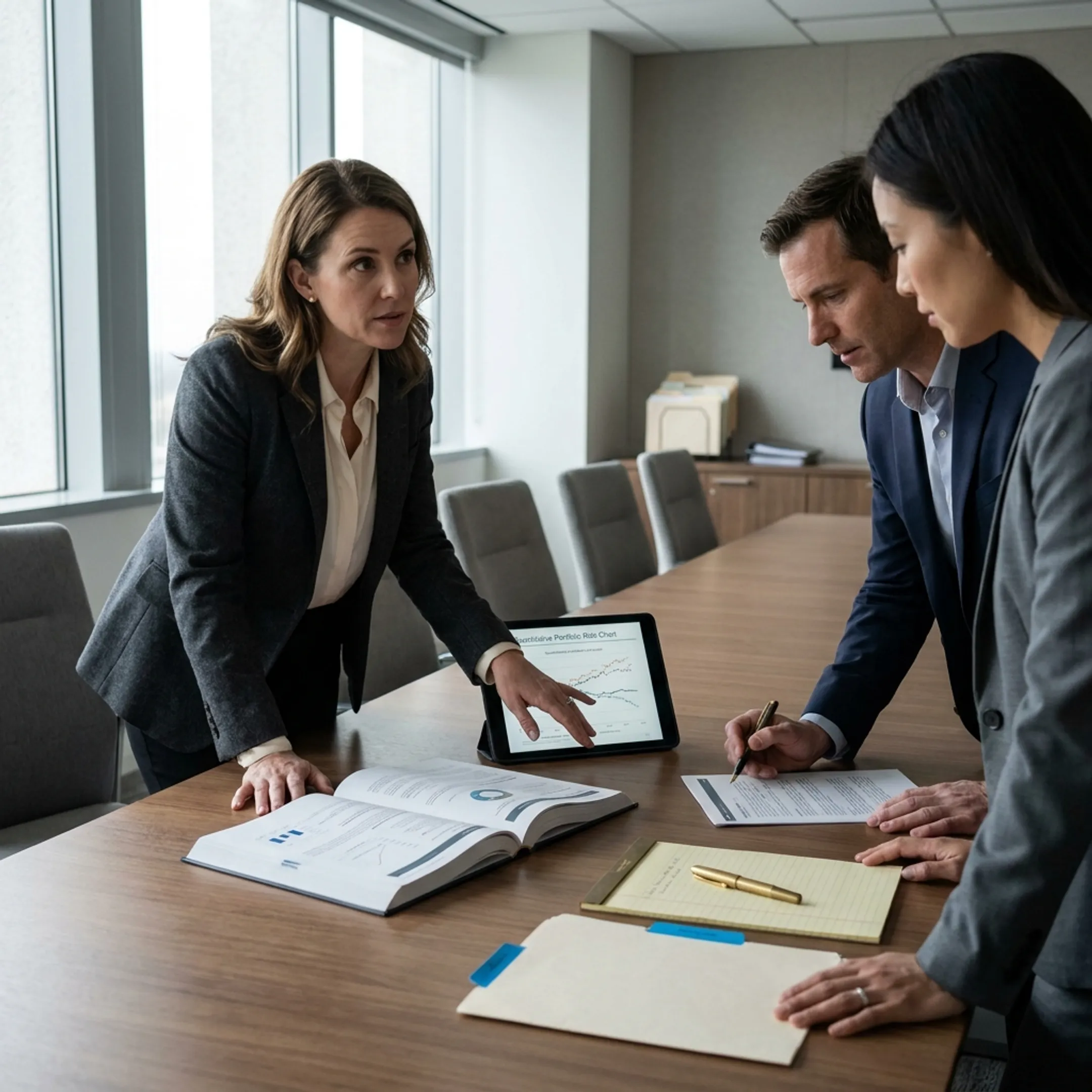 Executive recruiter discussing market risk talent profiles with client