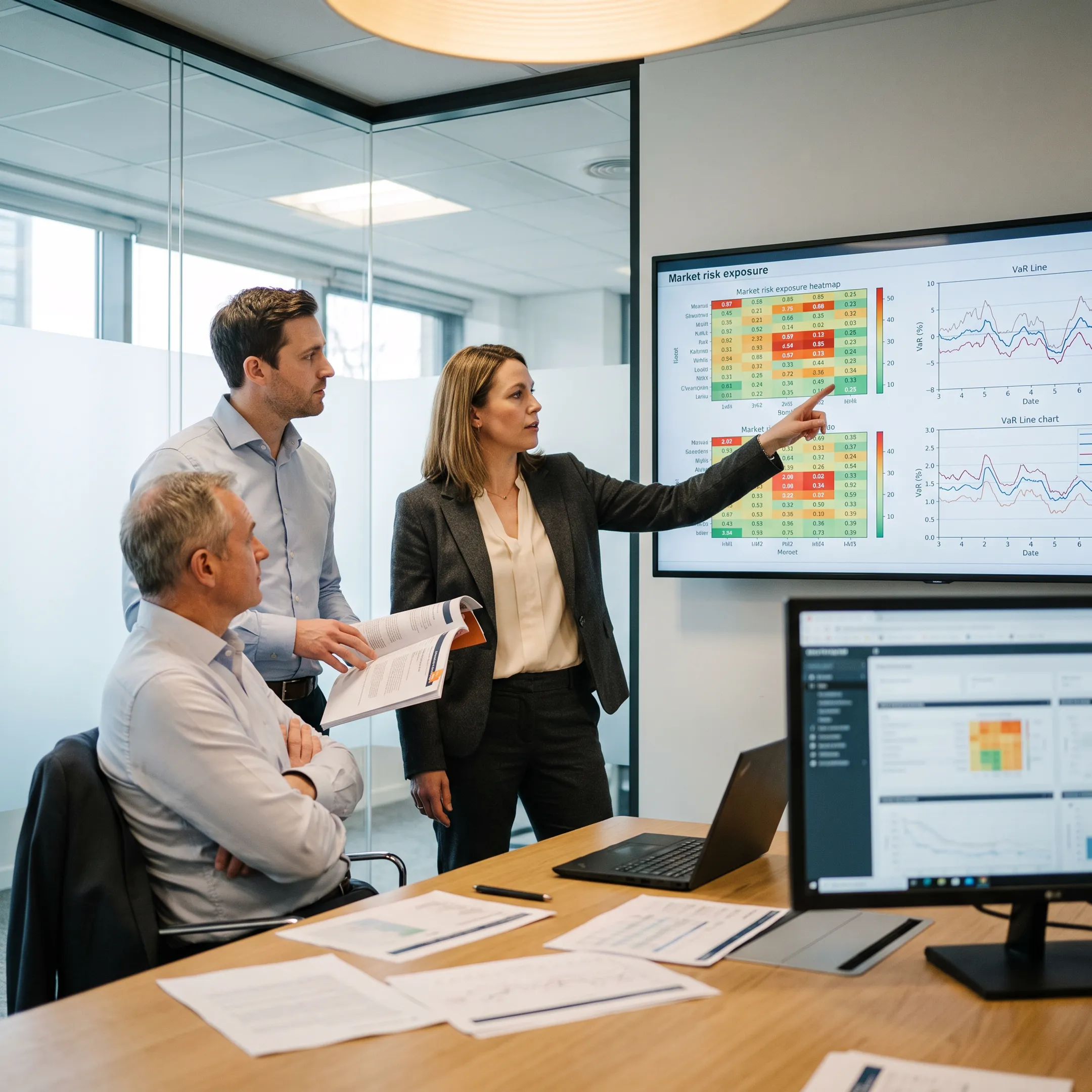 Financial risk managers analyzing portfolio data on digital screens