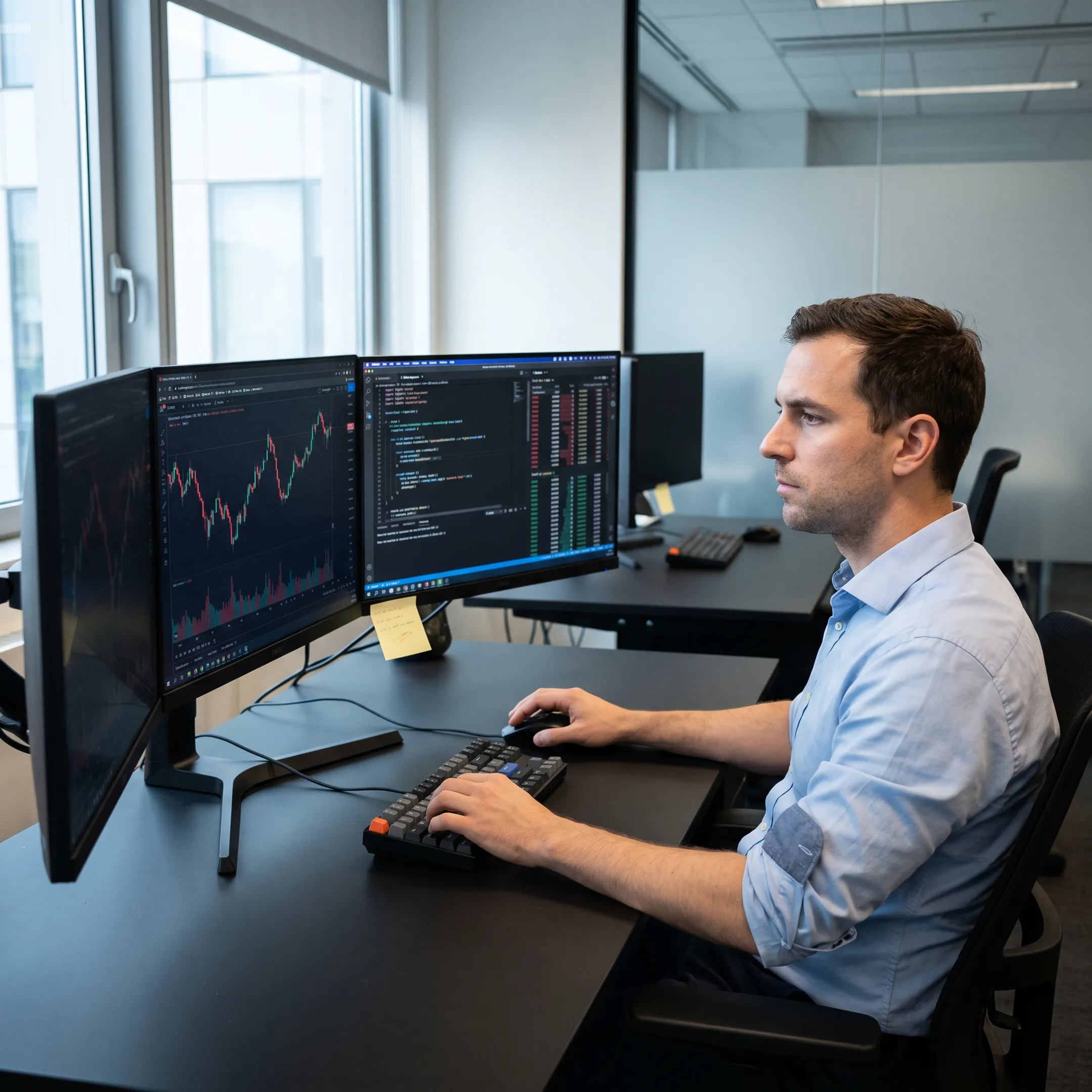 Quantitative developer analyzing code and algorithmic trading charts across multiple monitors
