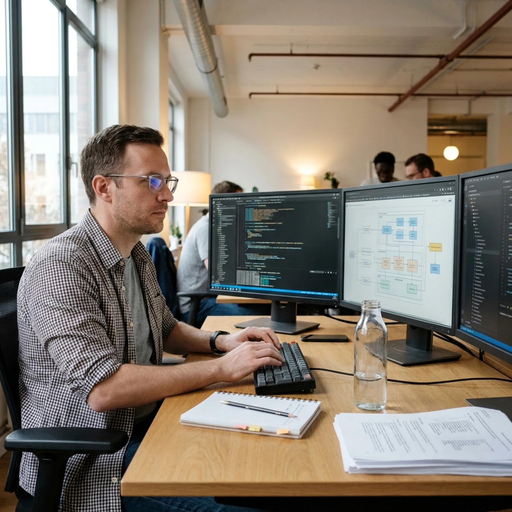 Senior software engineer writing code on dual monitors in a tech workspace