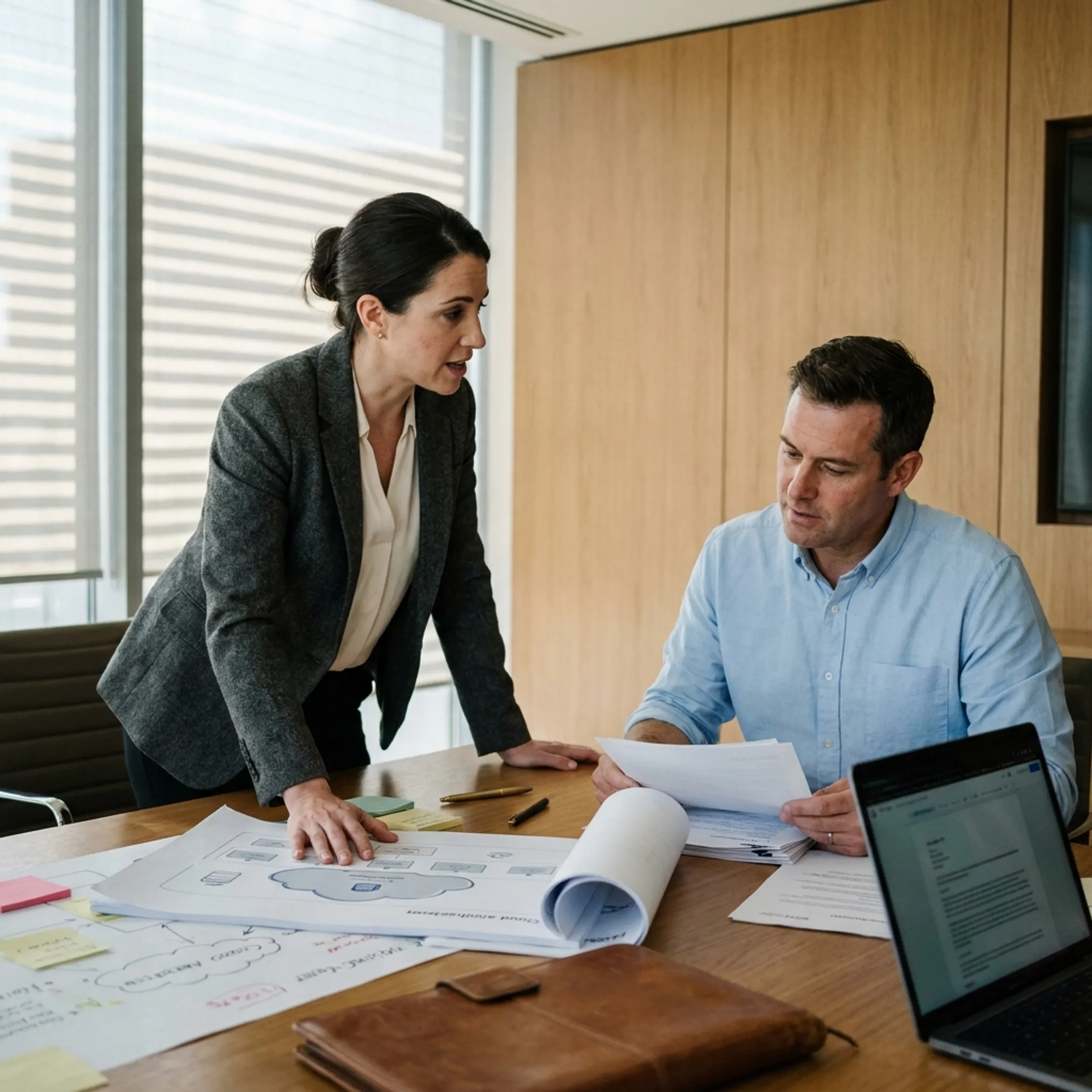 Recruitment specialist discussing engineering candidate shortlists with technical hiring managers
