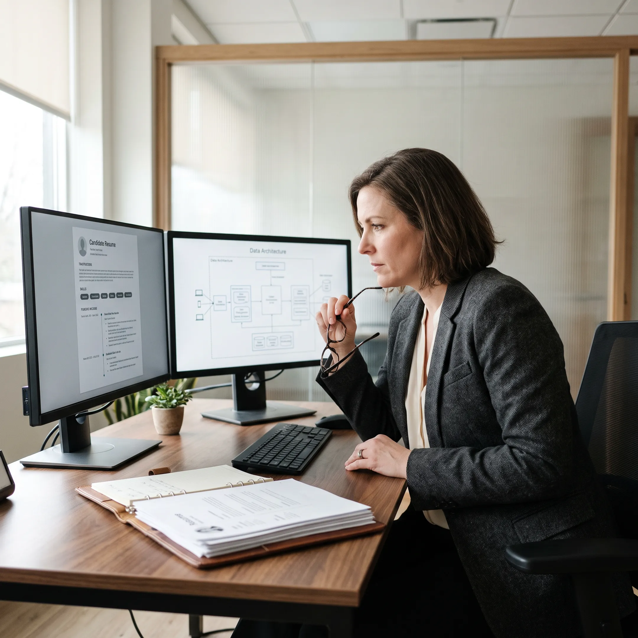 Technical recruitment consultant reviewing data engineer candidate profiles and pipeline architectures on modern monitors.