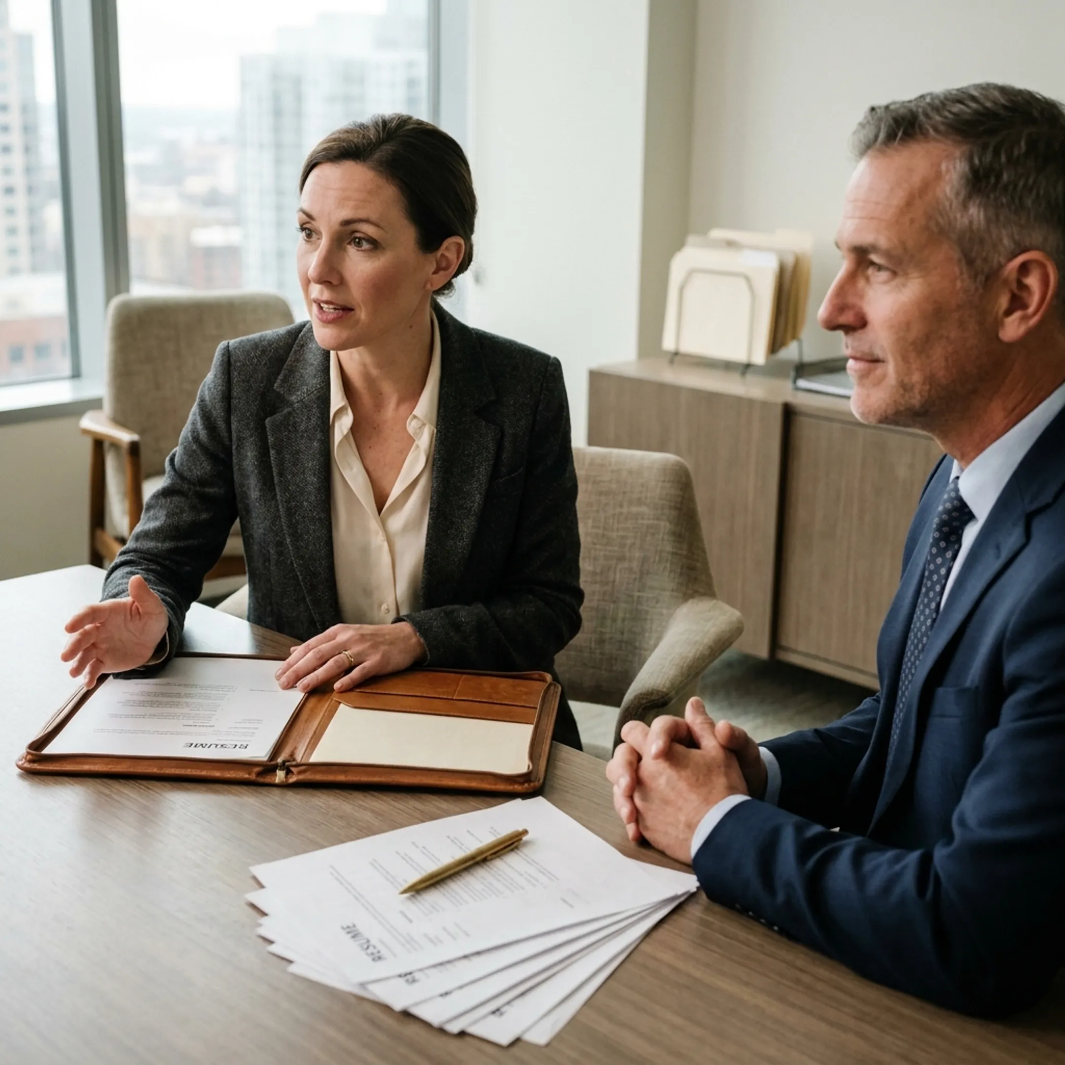 Talent acquisition specialist conducting structured compliance interviews in a corporate setting