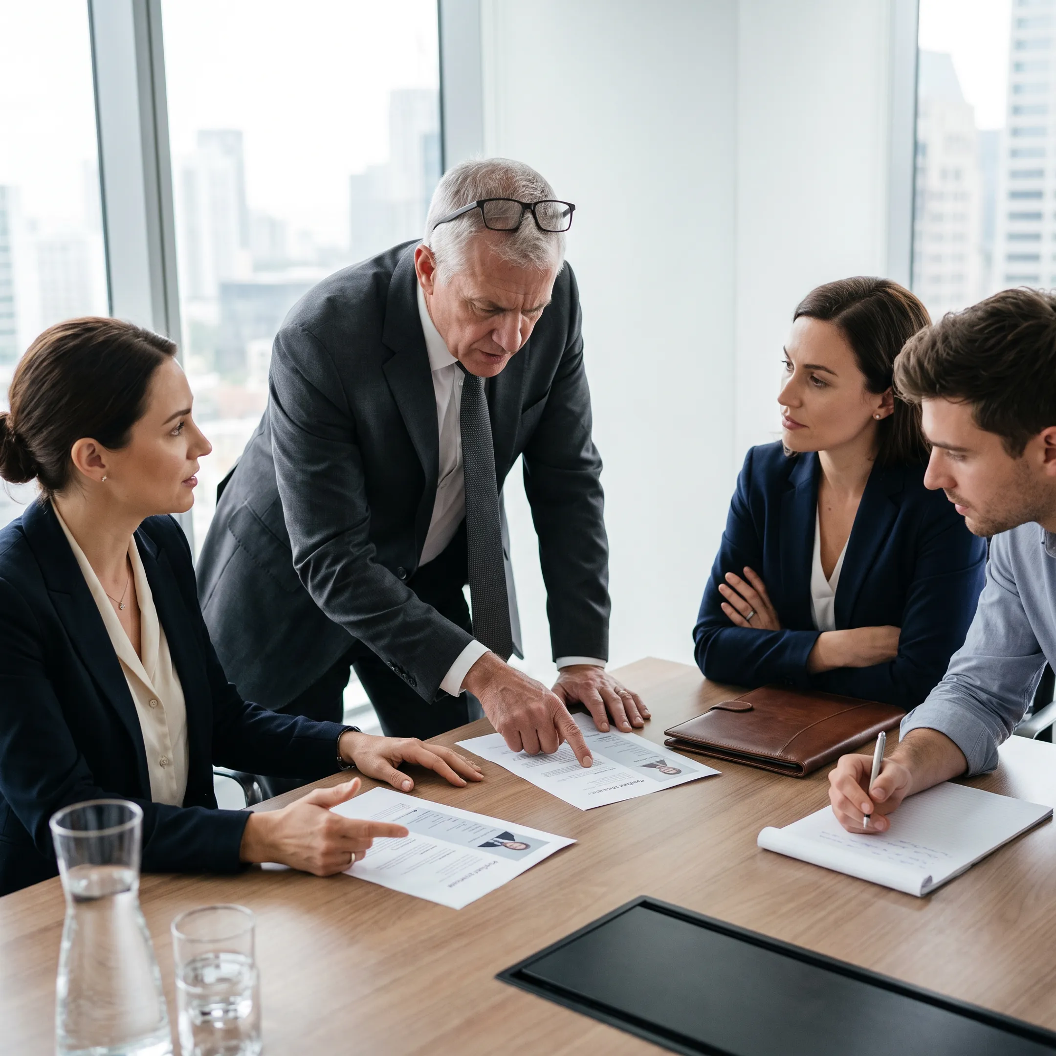 Executive compliance recruitment team reviewing regulatory staffing profiles in a modern corporate office