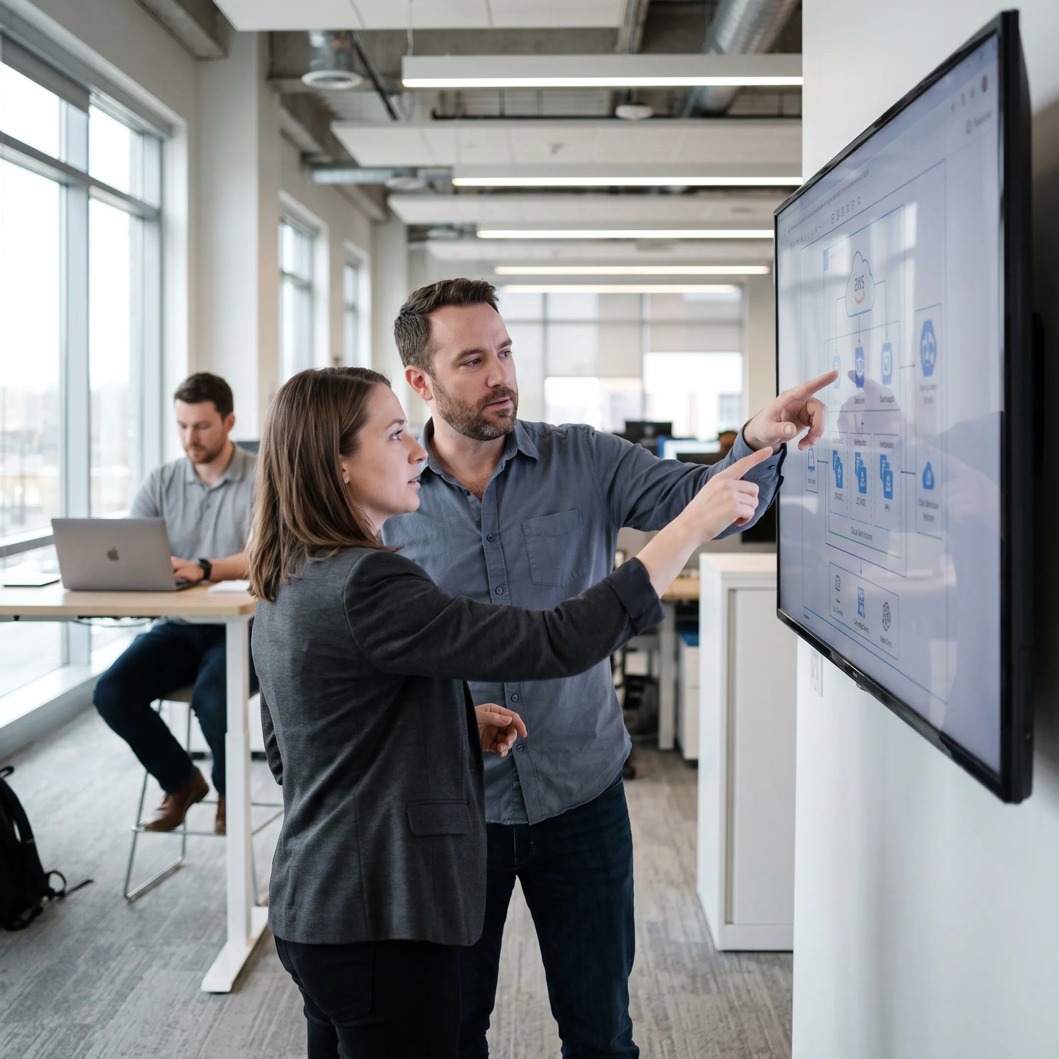 Tech professionals collaborating in a modern software office