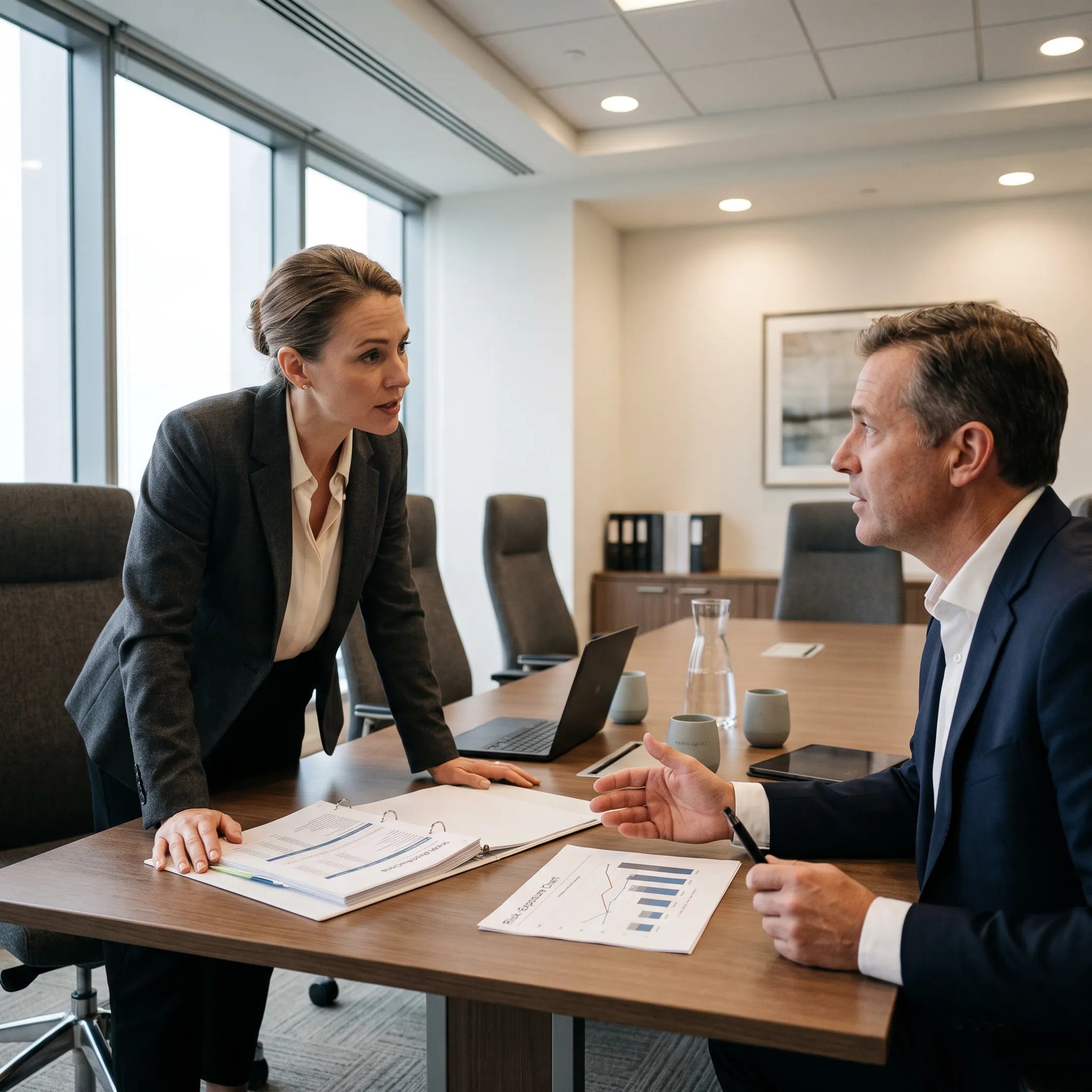 Risk management professionals analyzing operational controls in a corporate boardroom