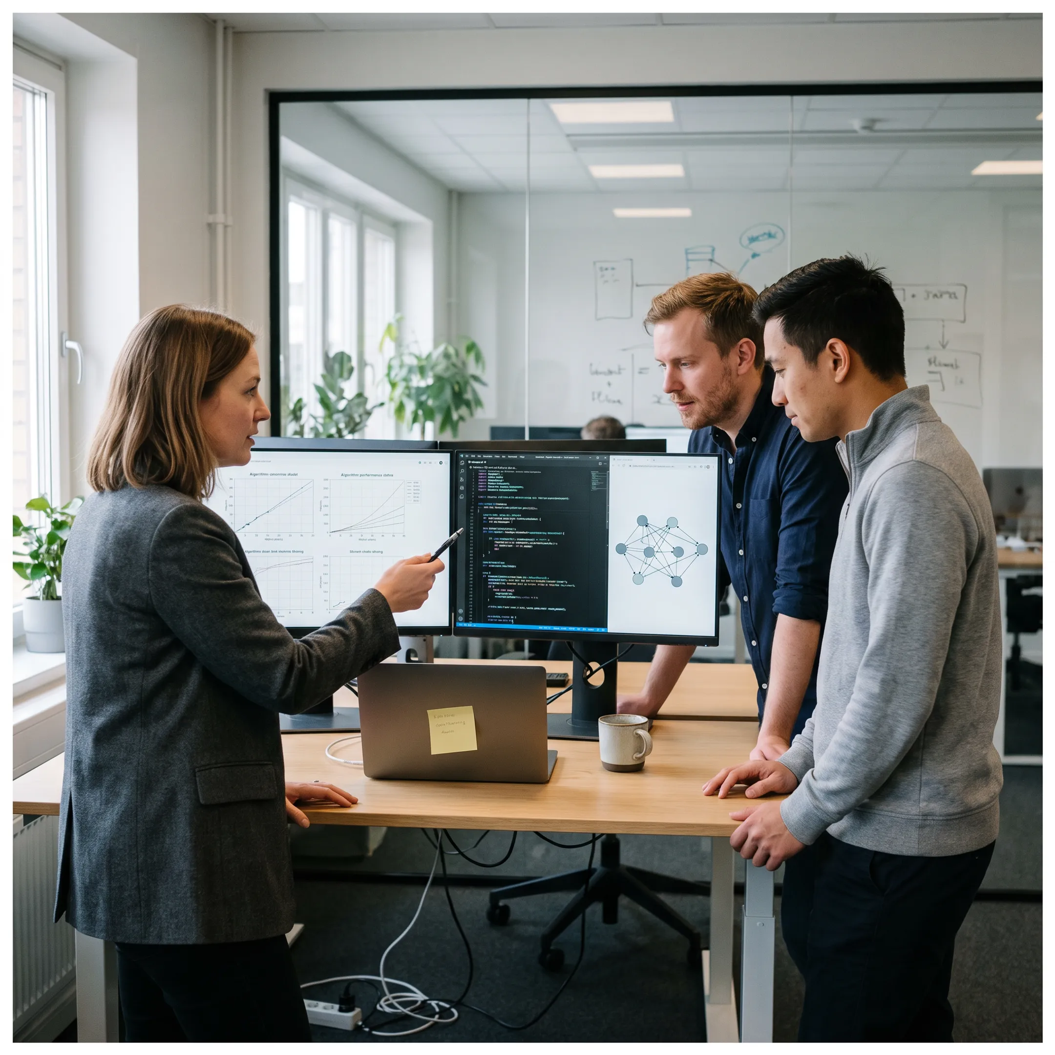 Data science team collaborating on machine learning models in modern office