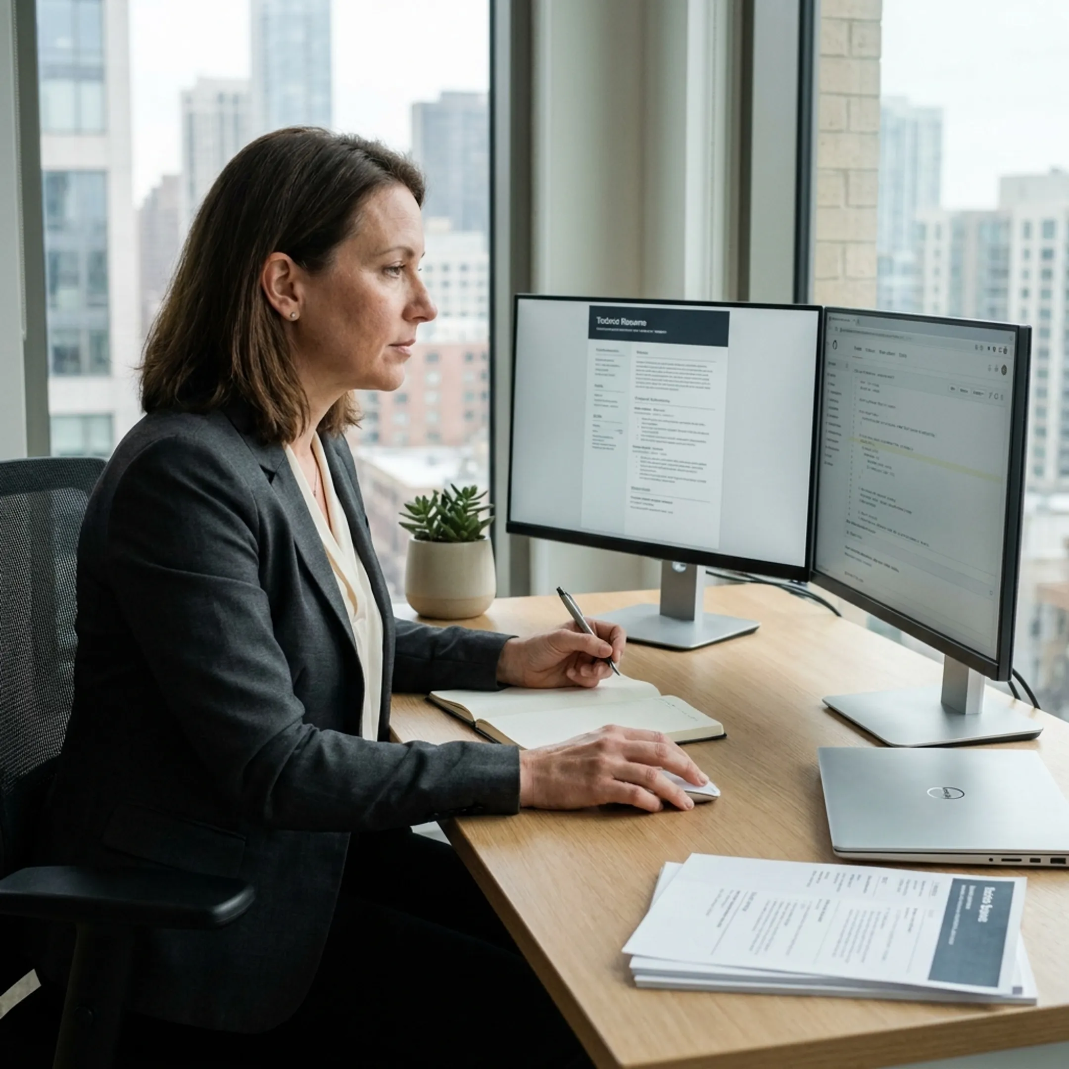 Technical recruiter reviewing candidate portfolios on a computer screen