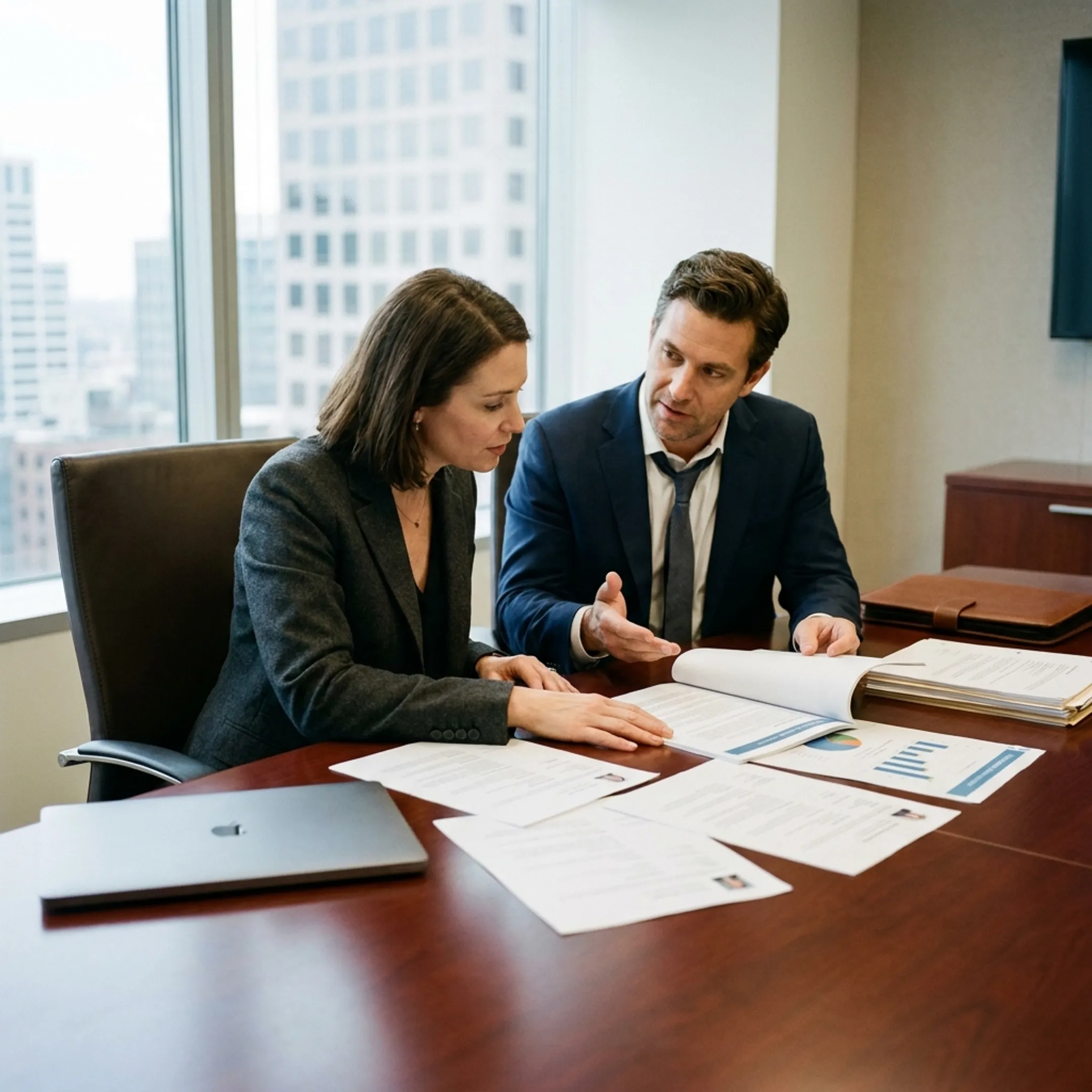 Recruitment team evaluating candidate credentials for financial portfolio management