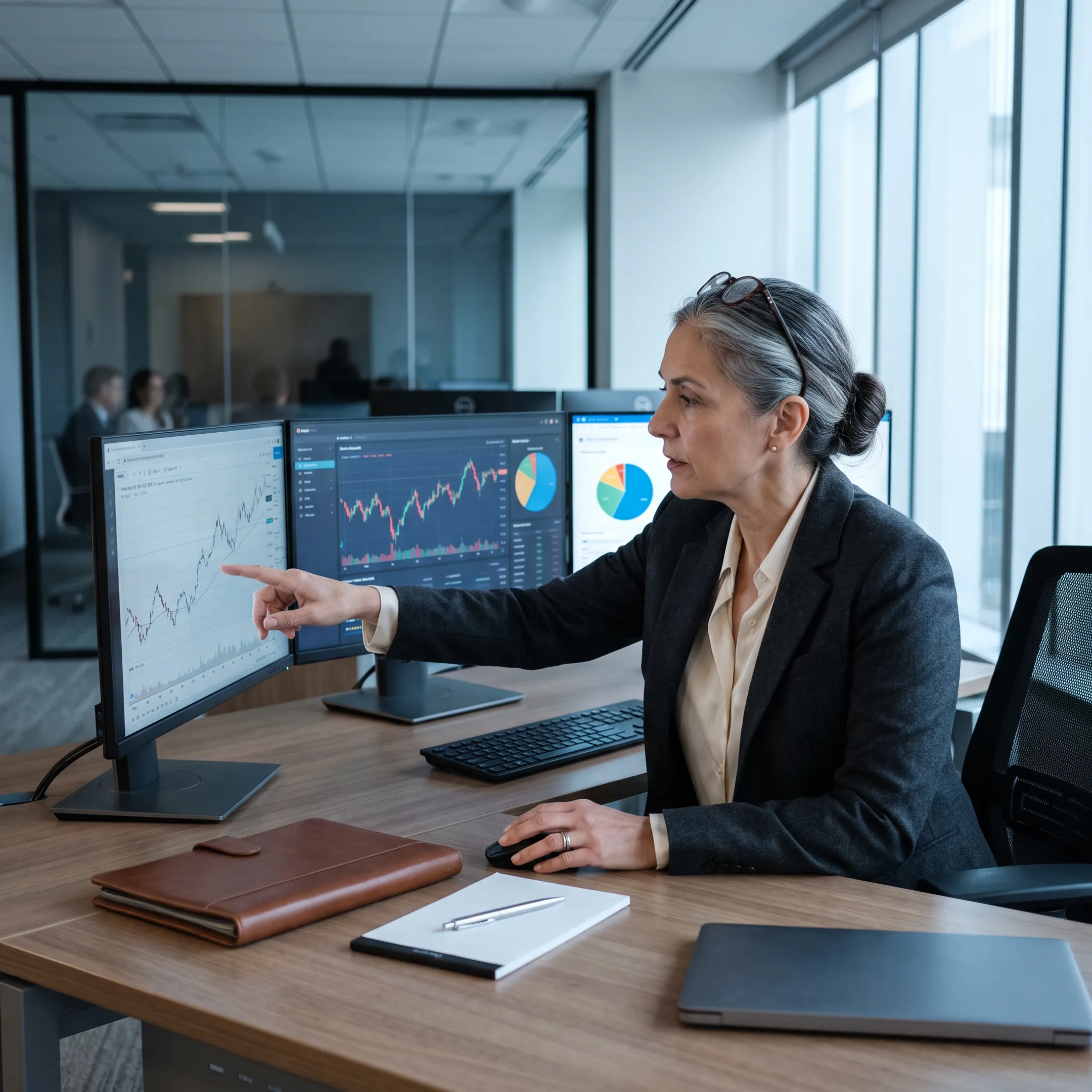 Executive portfolio manager analyzing market performance data on financial monitors
