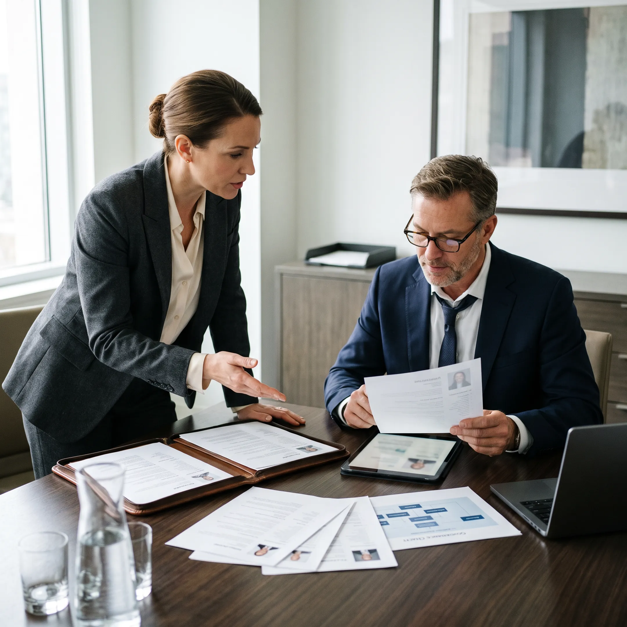 Executive risk management recruitment professionals reviewing candidate profiles in an office setting