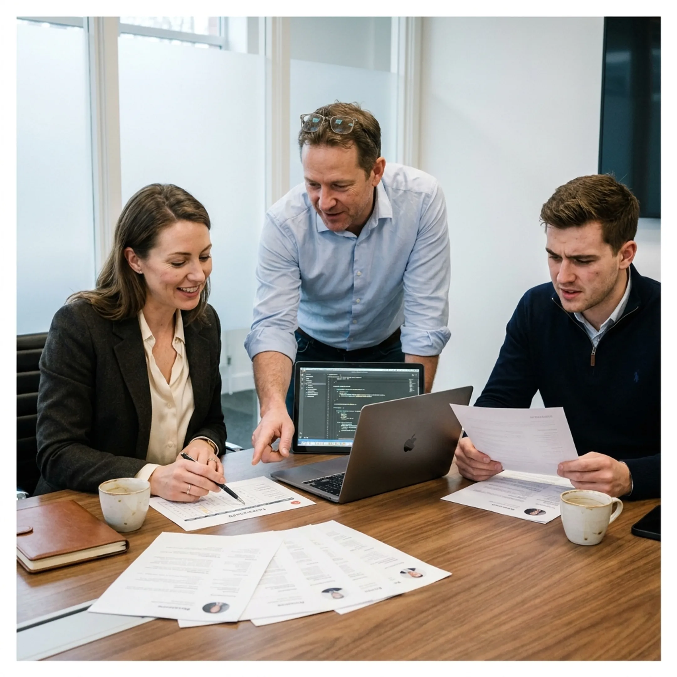 Technical hiring team reviewing artificial intelligence candidate qualifications during a talent review meeting