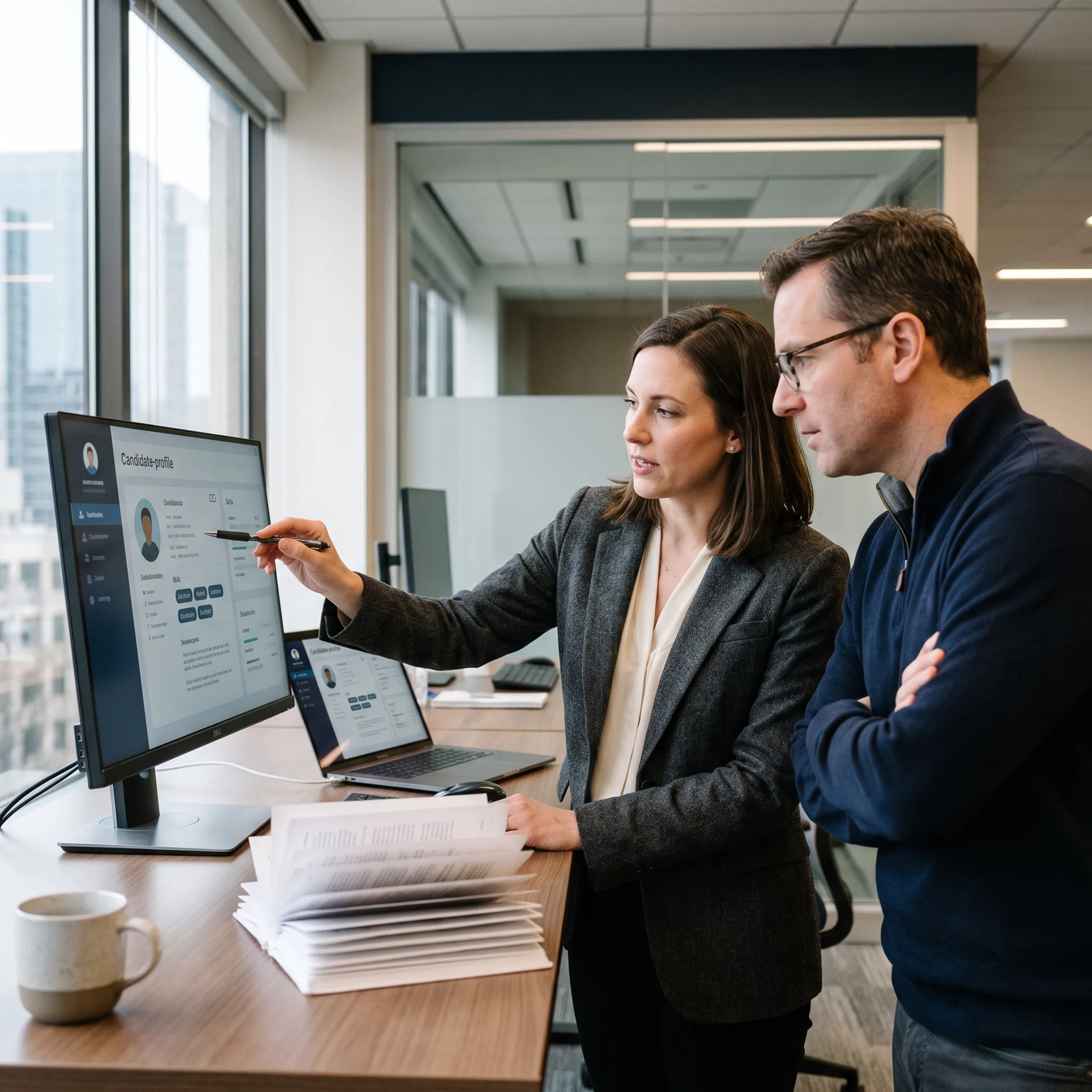 AI and machine learning recruitment specialists collaborating in a modern technology office