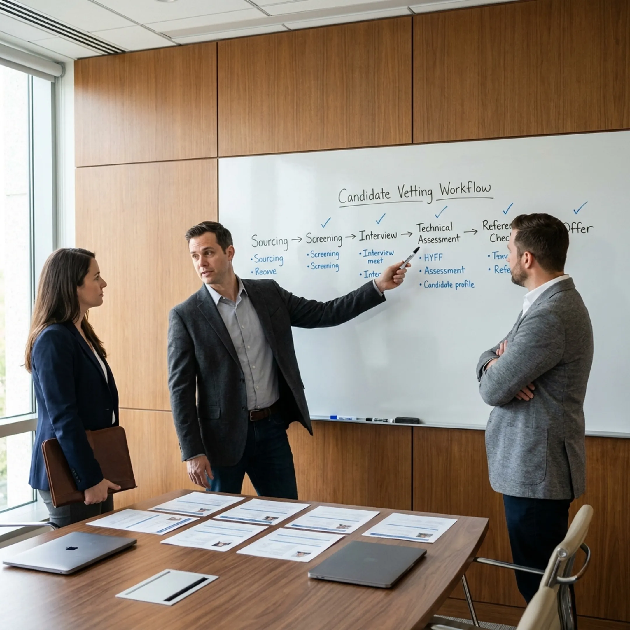 Recruitment team outlining IT staffing process steps on a glass strategy board