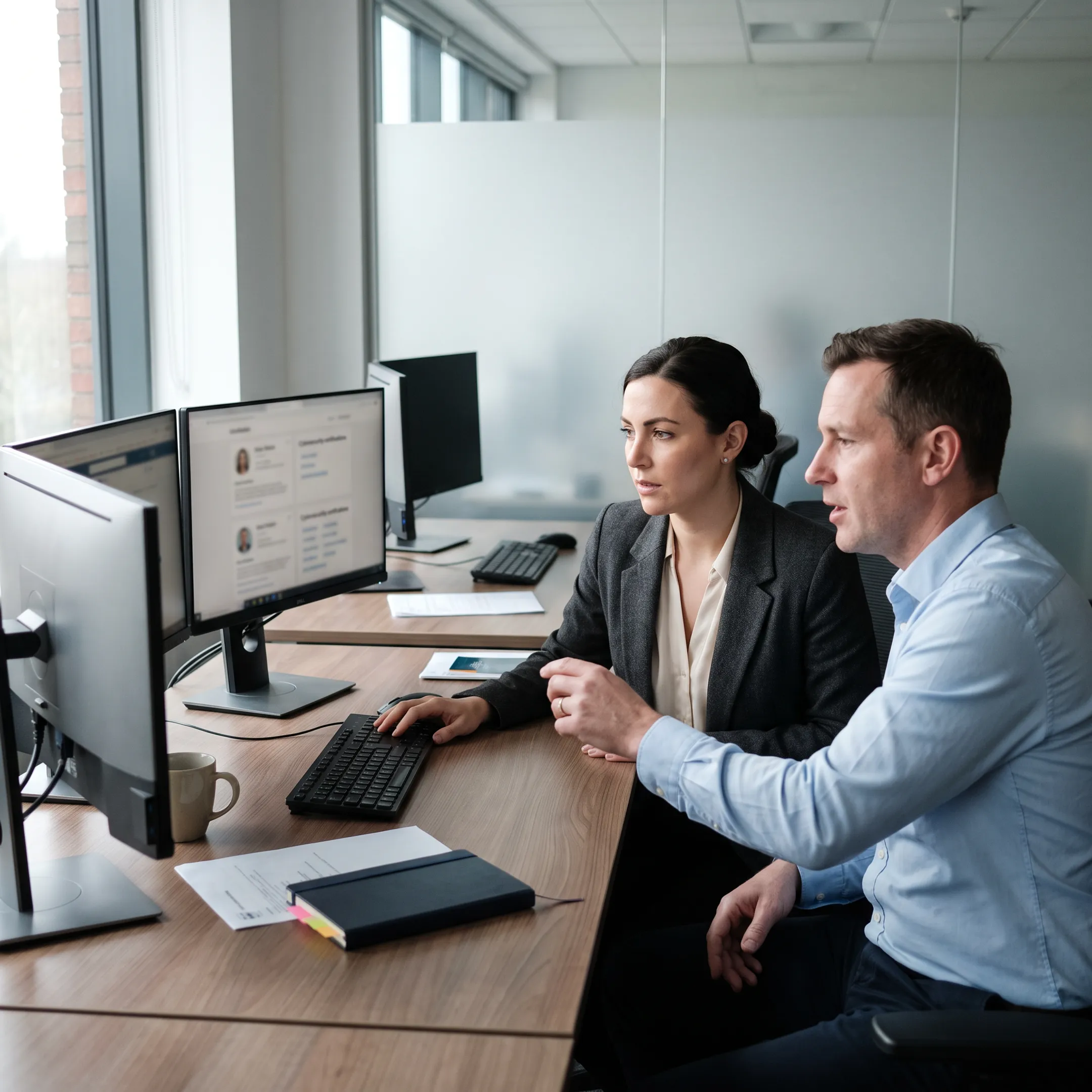 Cybersecurity recruiters reviewing qualified technical profiles on screens in a modern tech office