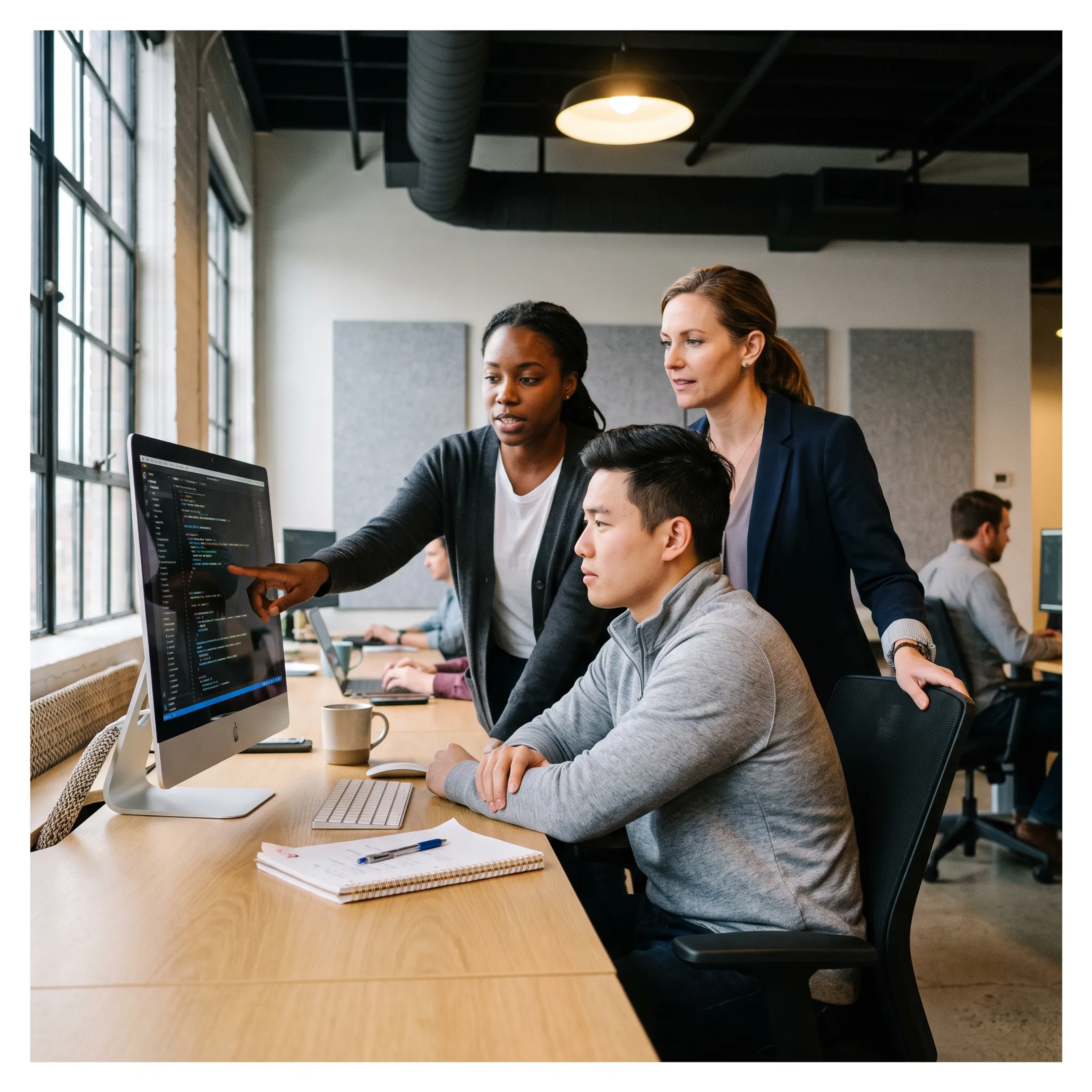 Software development team collaborating on artificial intelligence algorithms
