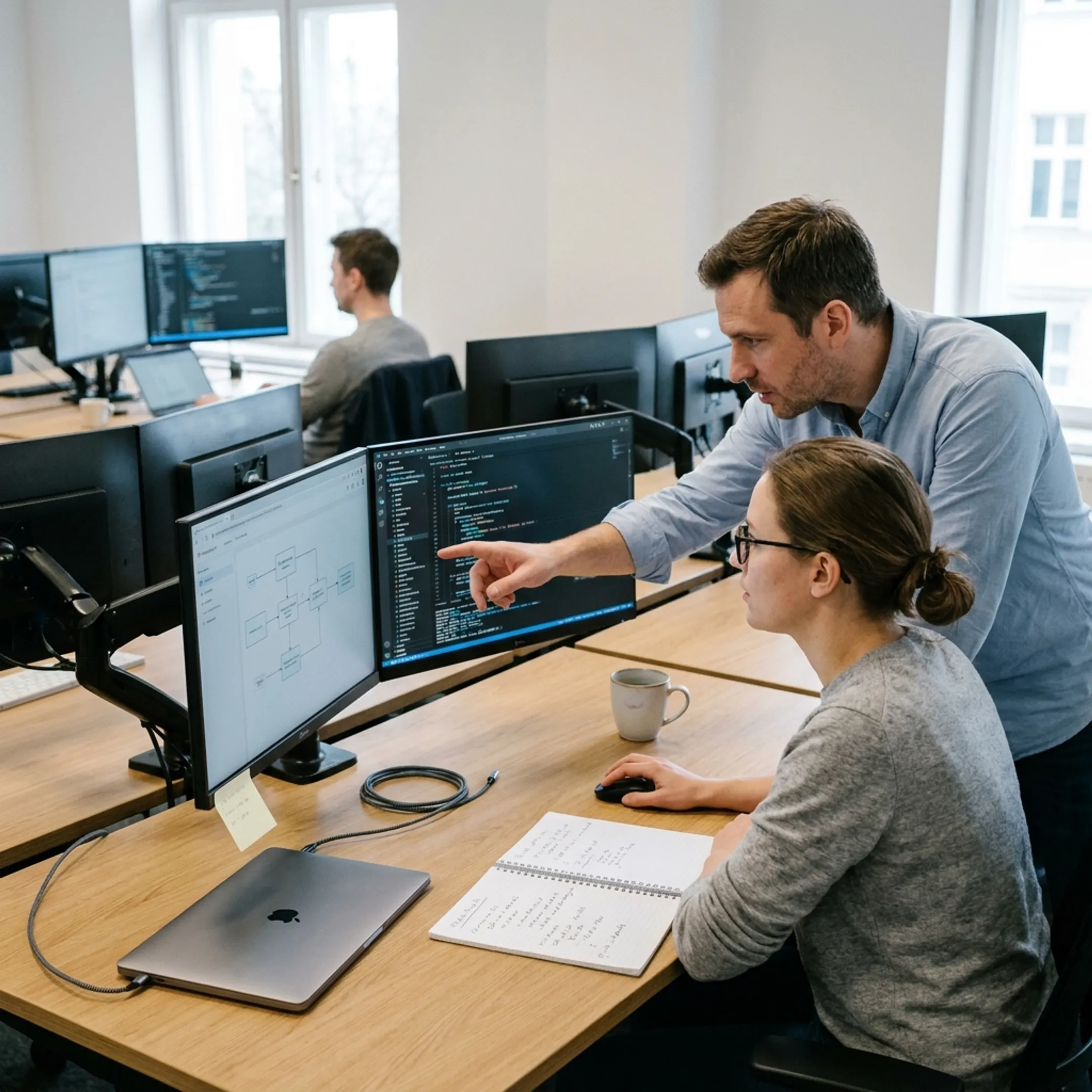 Machine learning engineers collaborating on algorithm deployment in an enterprise tech environment