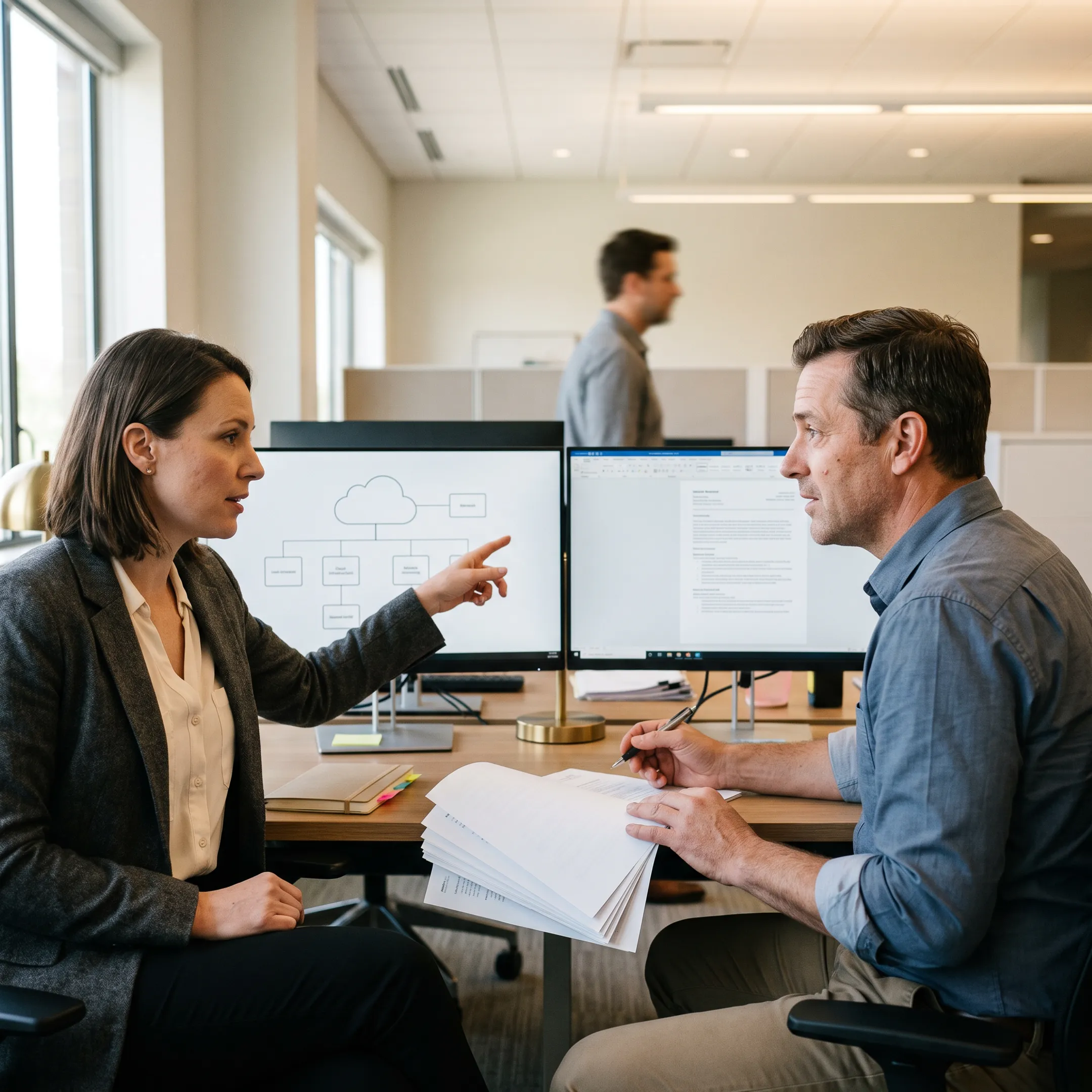 Tech recruiters discussing DevOps candidate profiles in a modern office