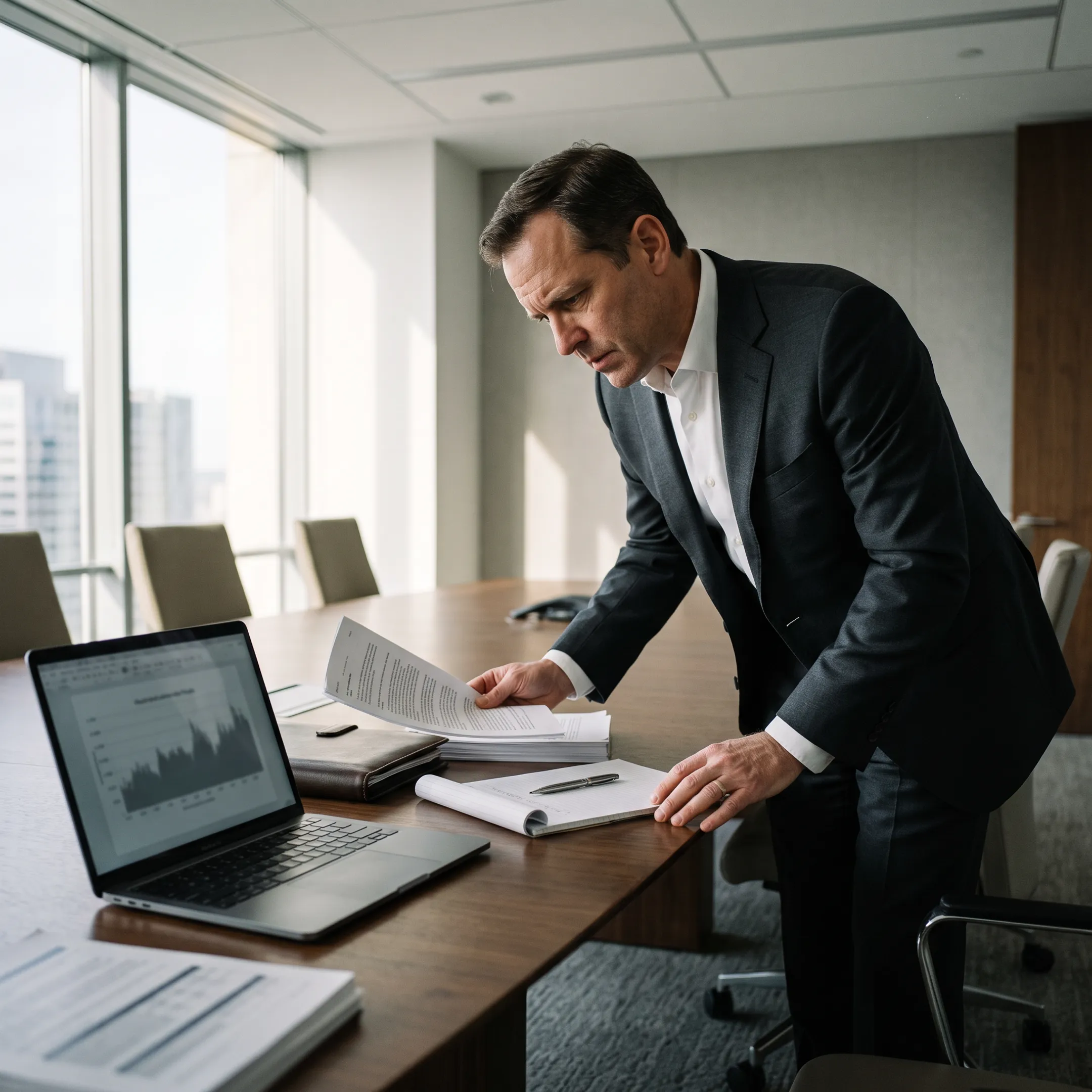 Executive risk management consultant reviewing compliance documentation in an office setting