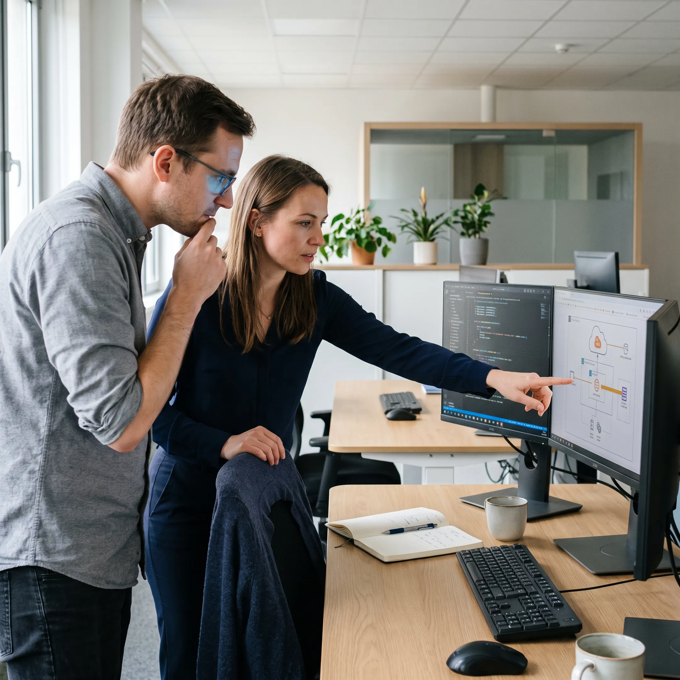 Technology professionals collaborating on software architecture in an office