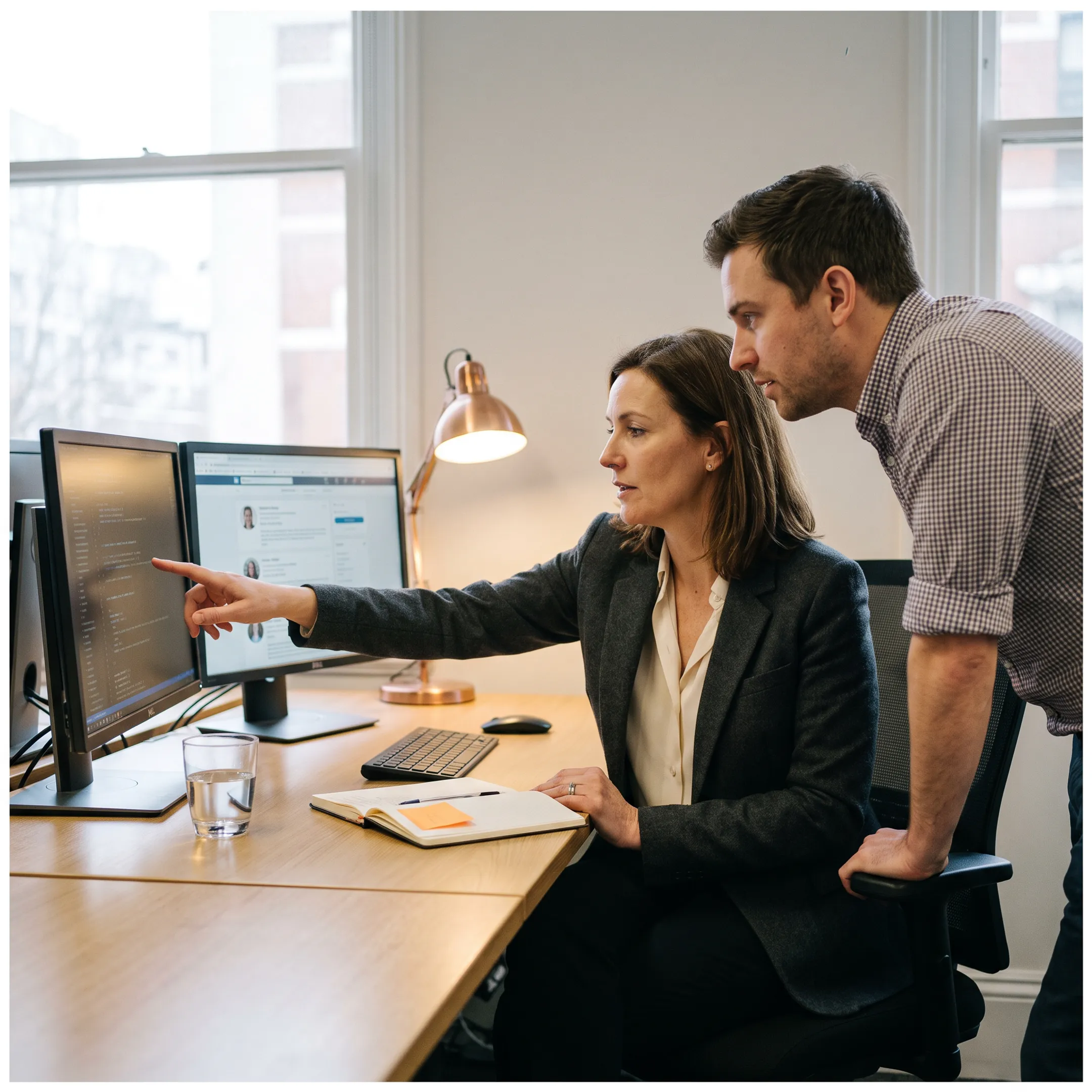 Tech hiring managers reviewing candidate portfolios on dual monitors in an office setting