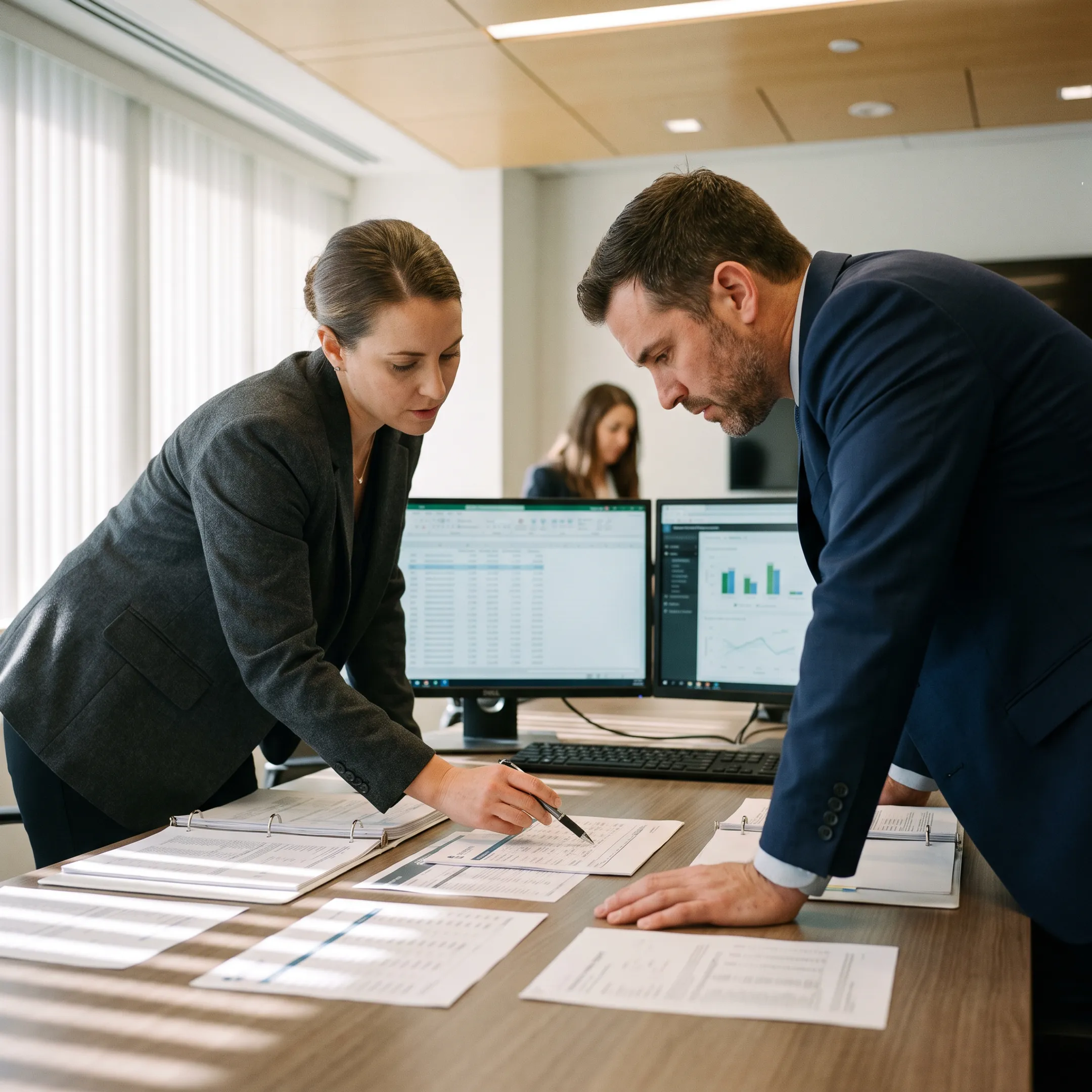 Compliance analysts reviewing transaction monitoring data on enterprise screens