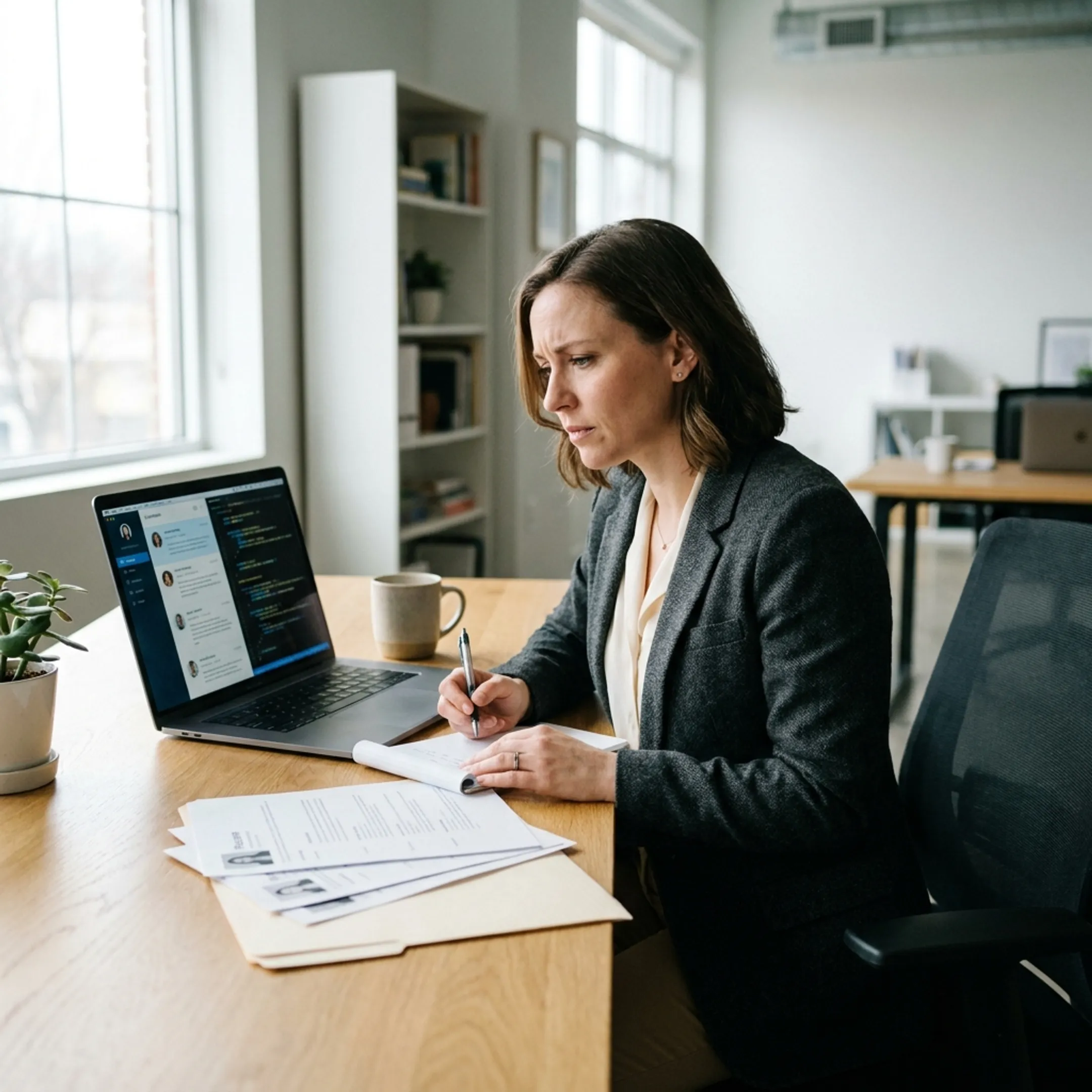 Technical recruiter reviewing artificial intelligence candidate qualifications and technical code assessments