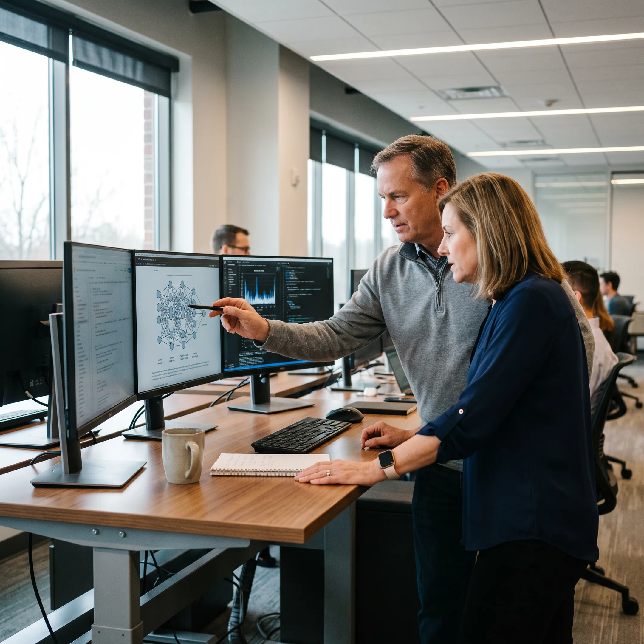 Software engineers collaborating on artificial intelligence code and machine learning architectures