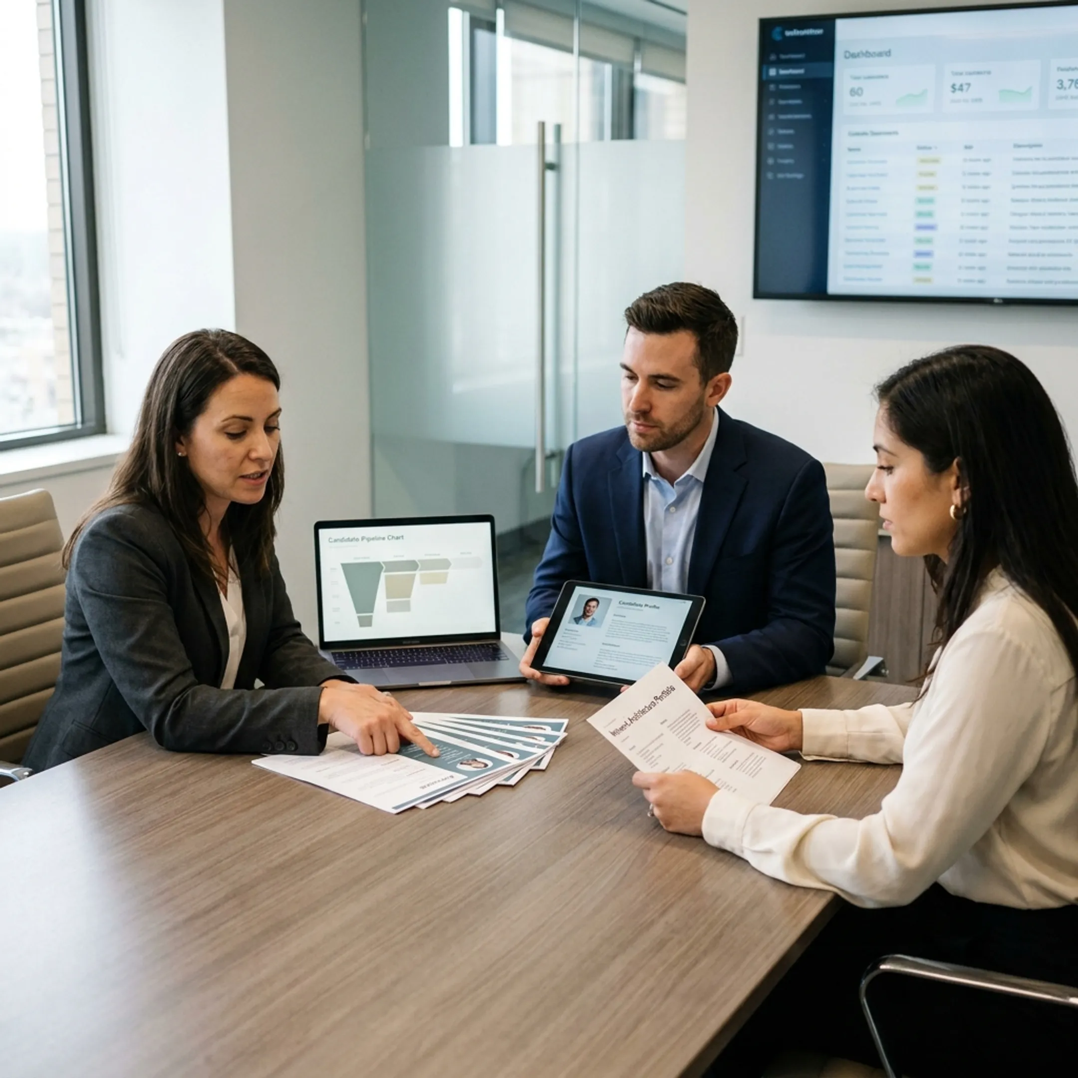 Technical hiring team reviewing network candidate profiles during a recruitment meeting