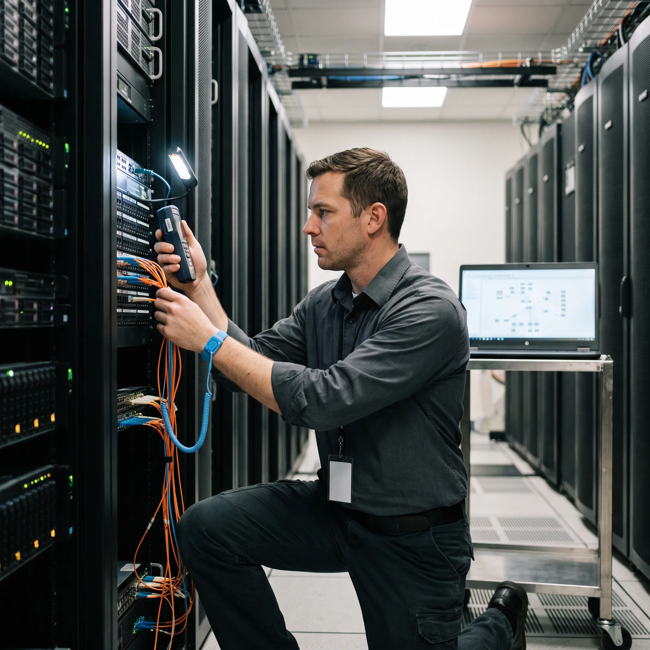 Network engineer configuring enterprise server racks in a high-tech data center