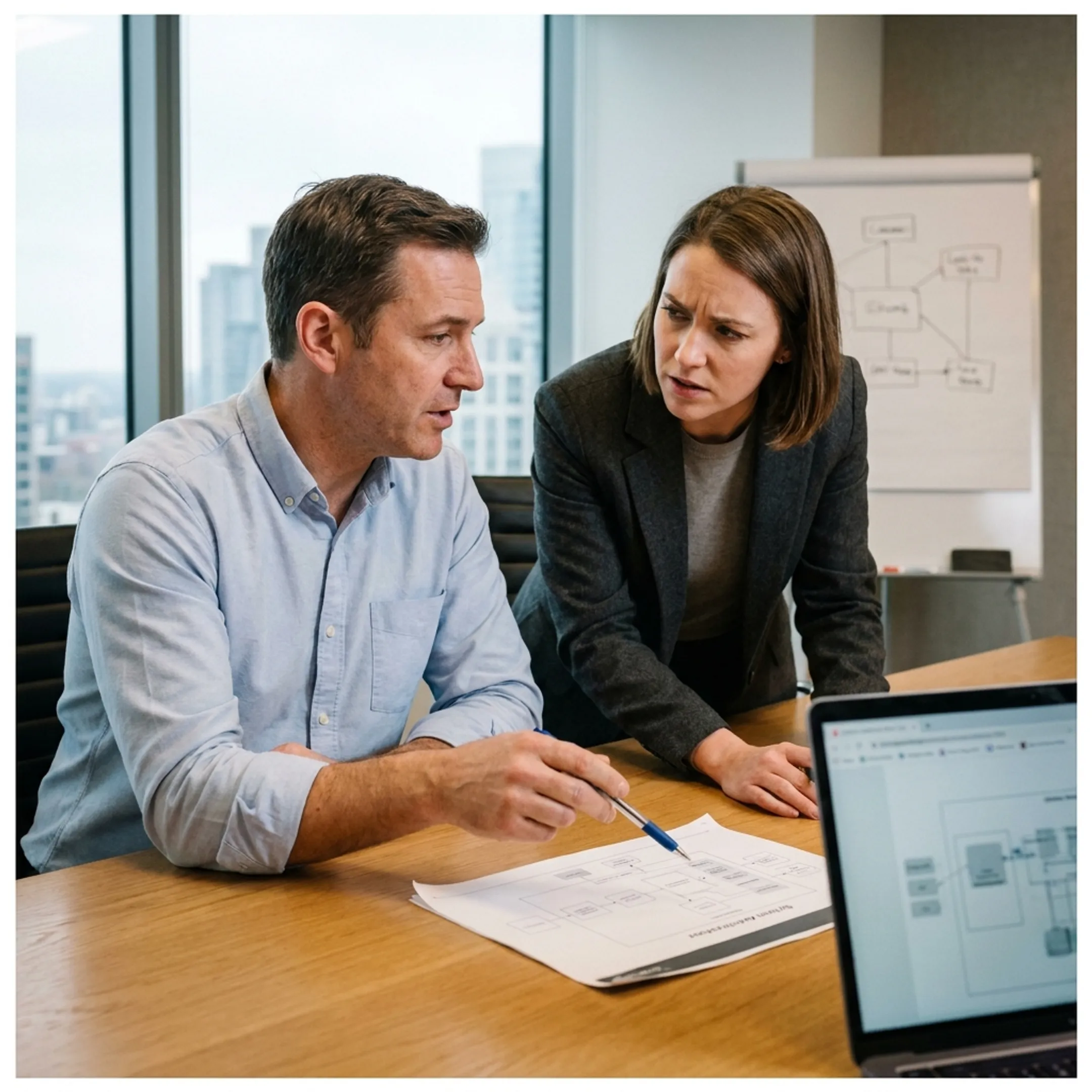 Fintech technical professionals discussing architecture and recruitment solutions in a modern conference room
