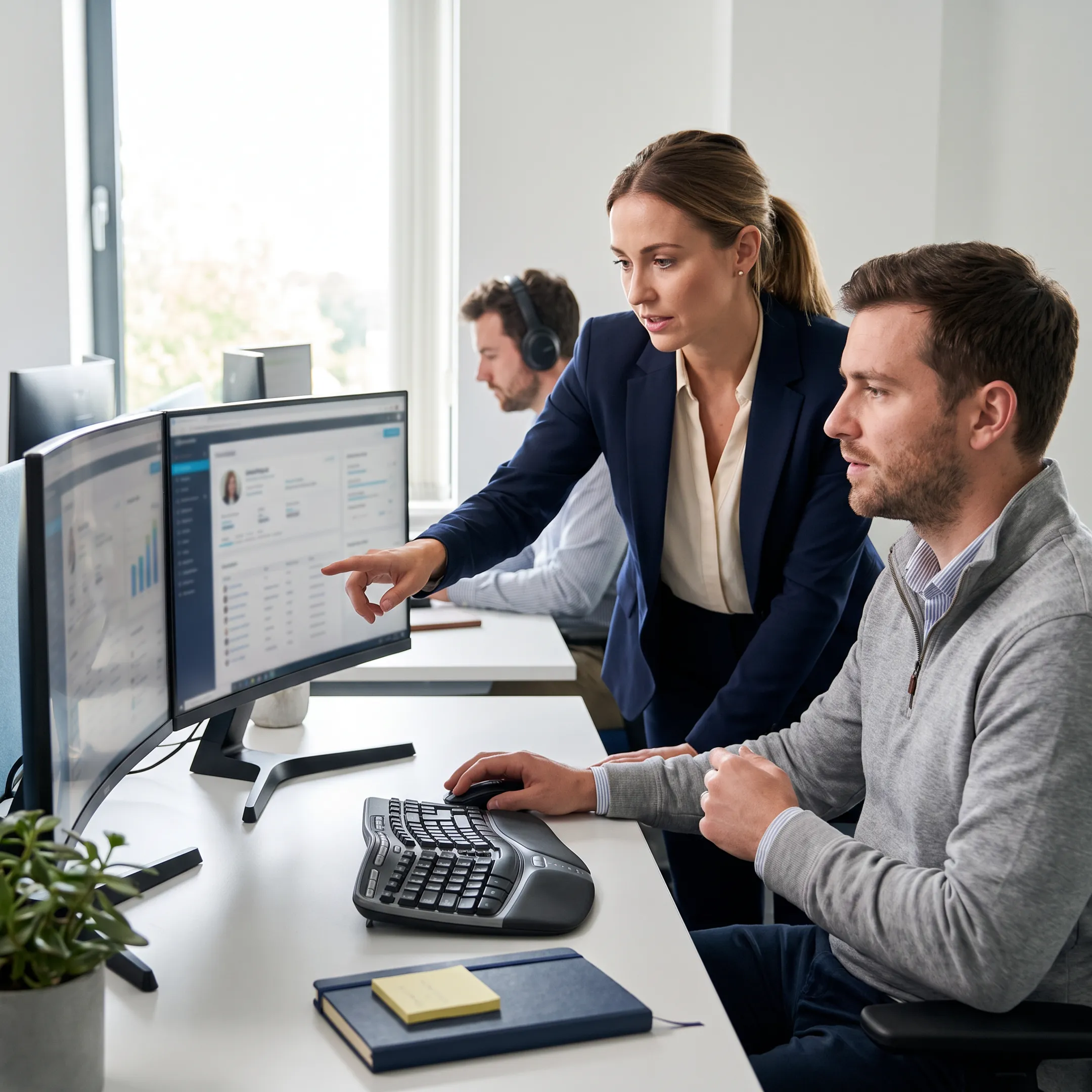 Fintech software engineers and recruitment consultants collaborating on technical hiring strategy in an office setting
