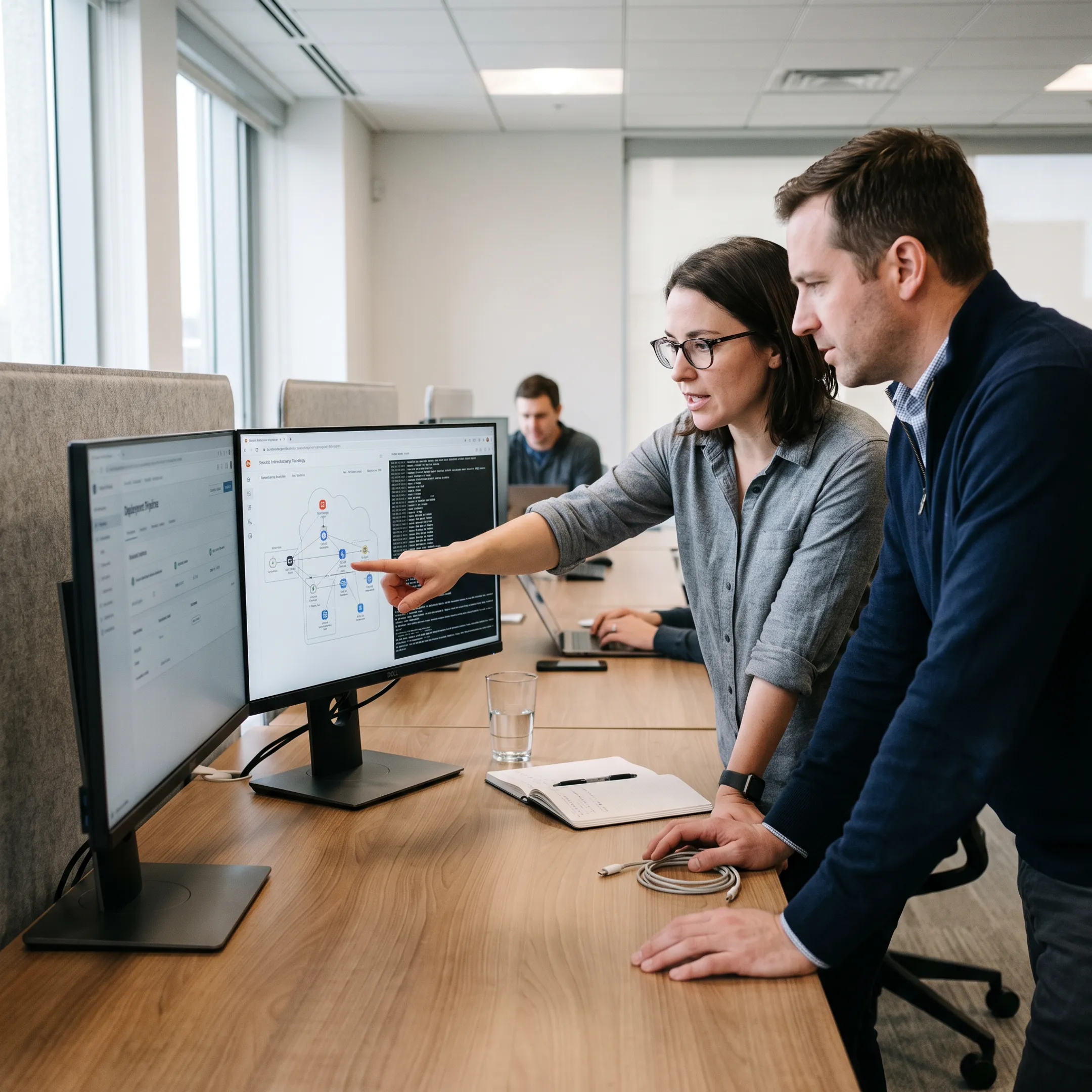 DevOps engineers collaborating on cloud deployment infrastructure and pipelines