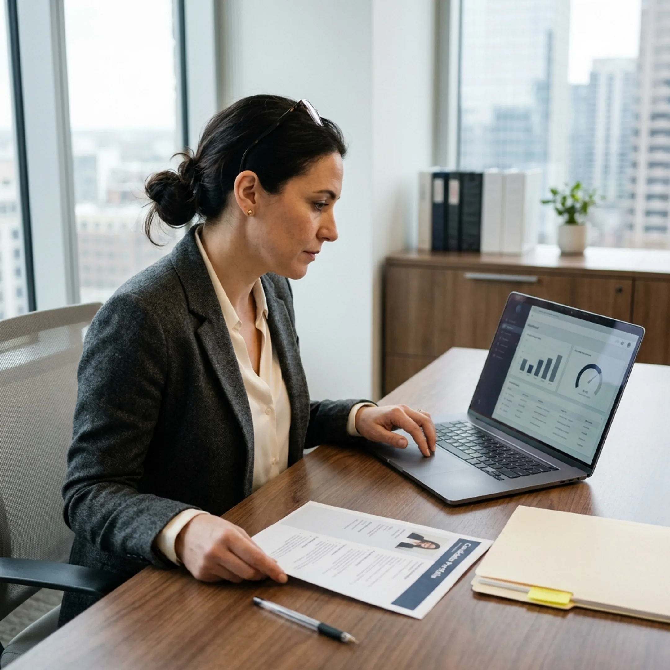 Recruitment consultant reviewing quantitative risk candidate profiles