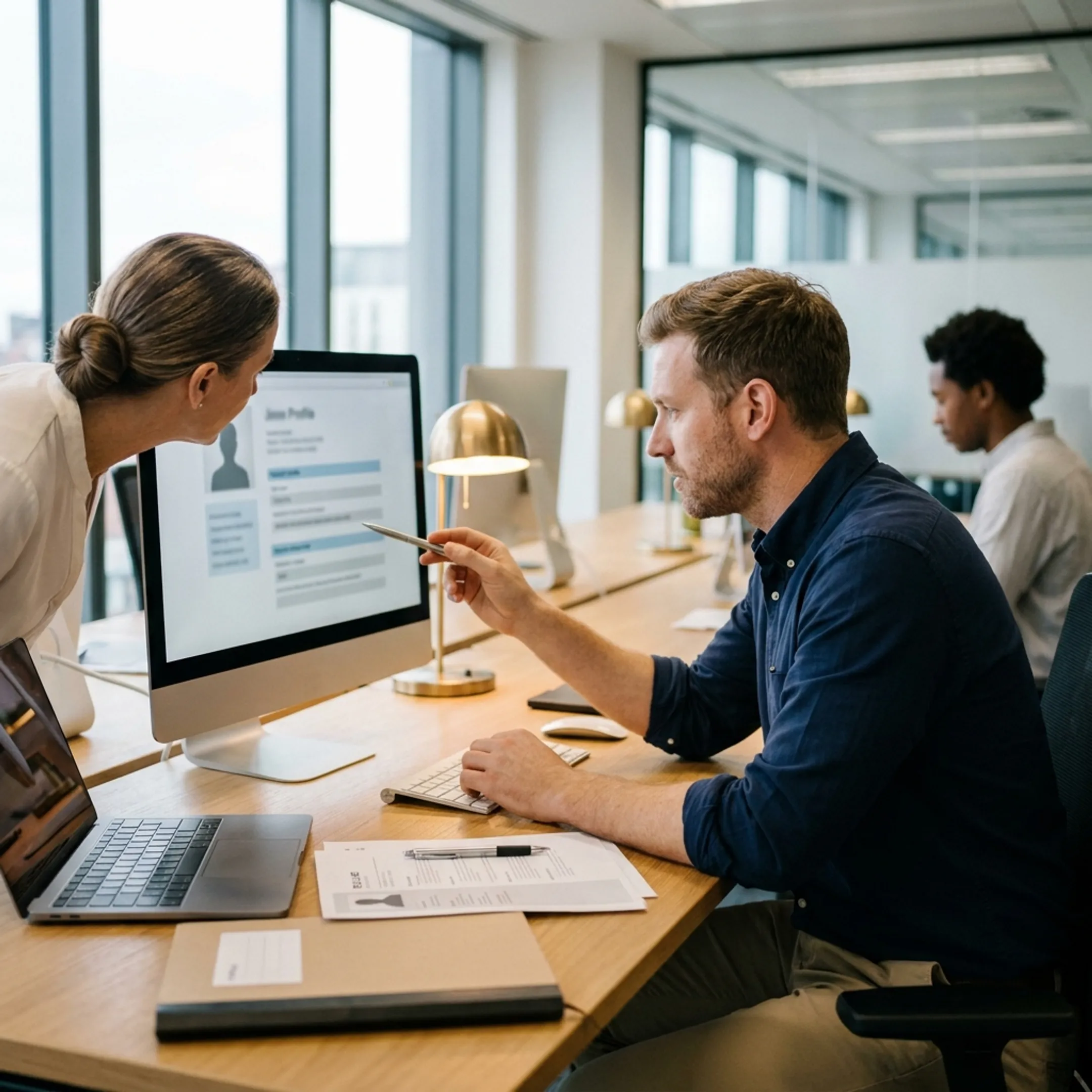 Technical hiring manager reviewing engineer profiles and code assessments