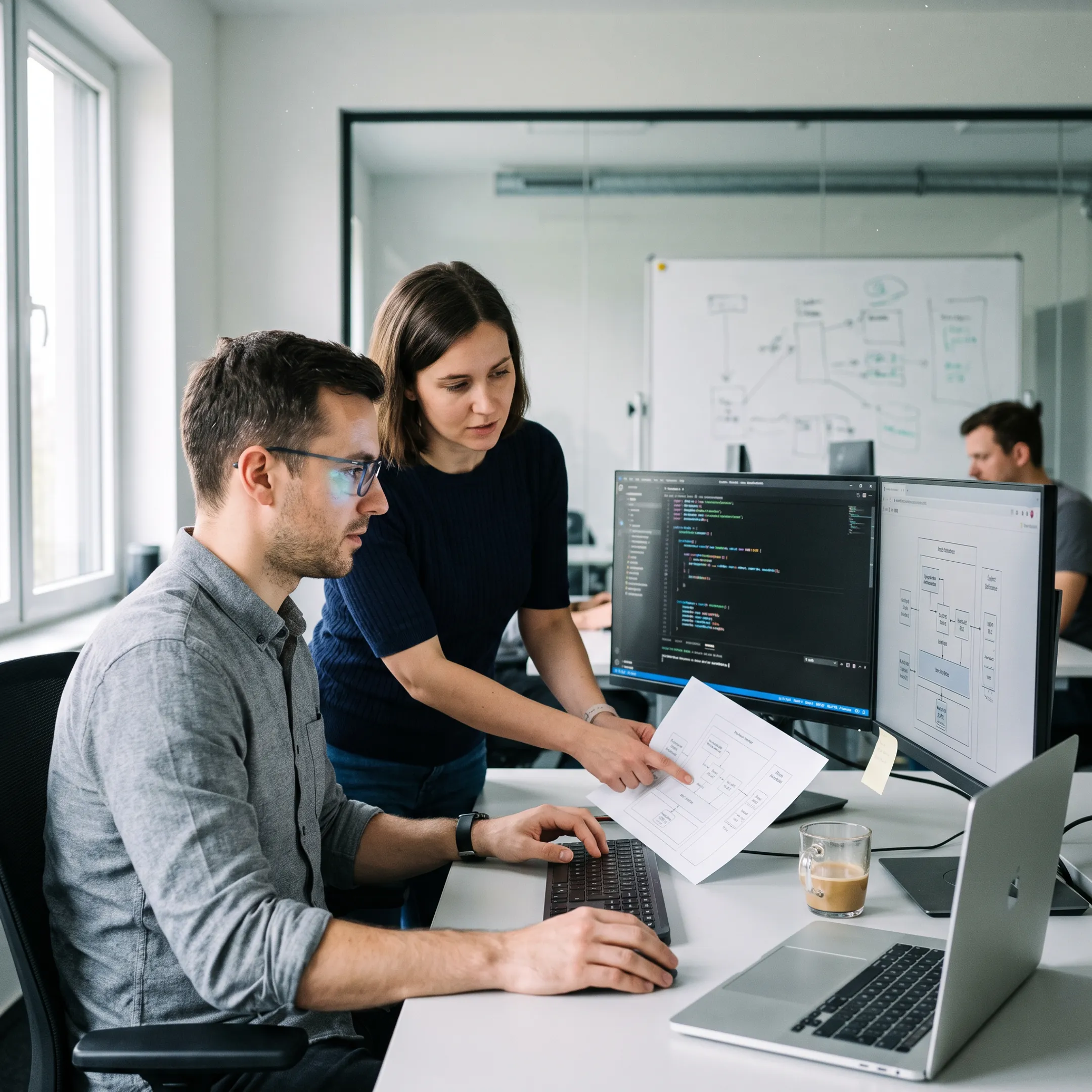 Software engineering team collaborating on full stack application development code