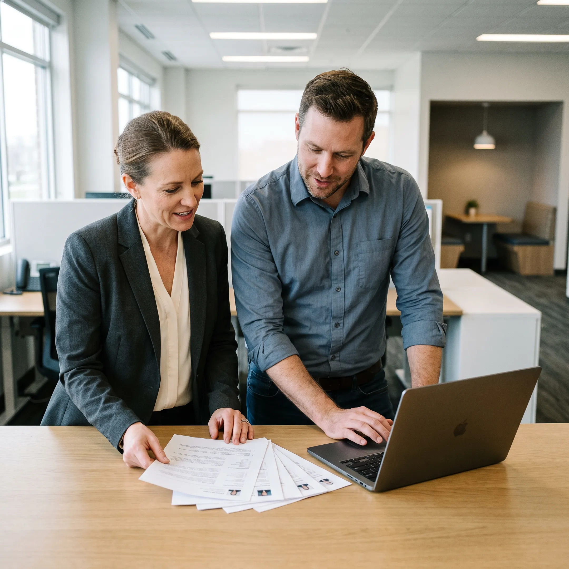Technical recruiters reviewing candidate portfolios on dual monitors in an office setting