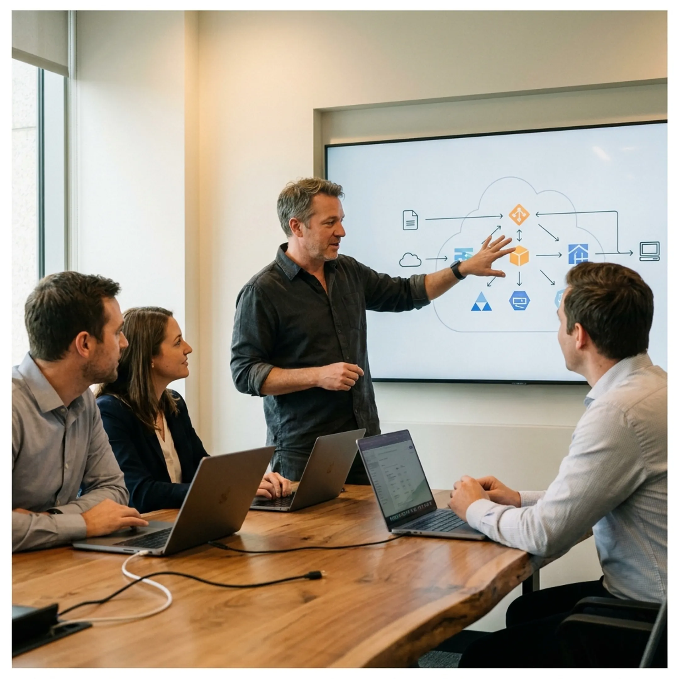 Senior technology leader collaborating with an engineering team