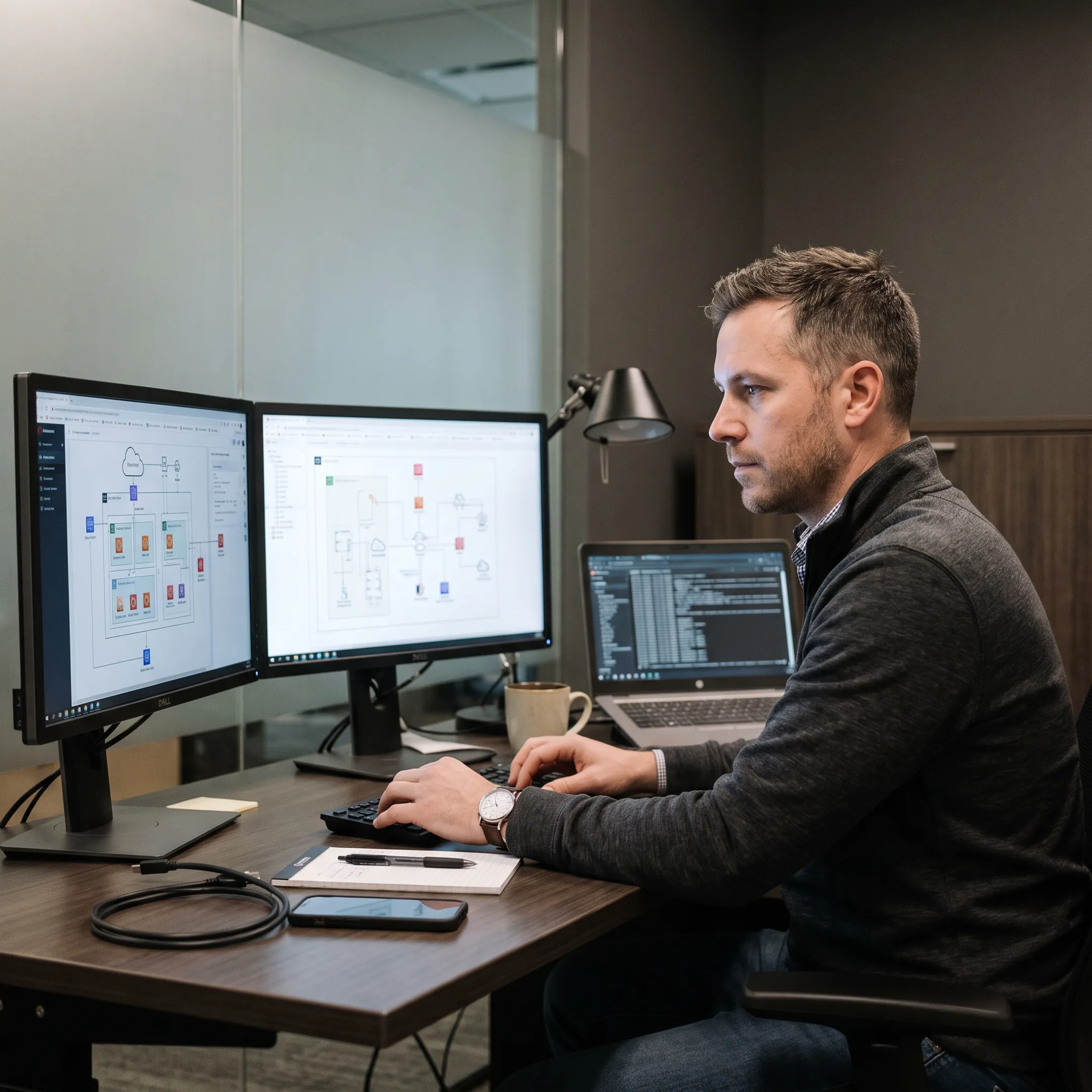 Cloud security engineer analyzing cybersecurity infrastructure on multiple monitors in an enterprise operations center