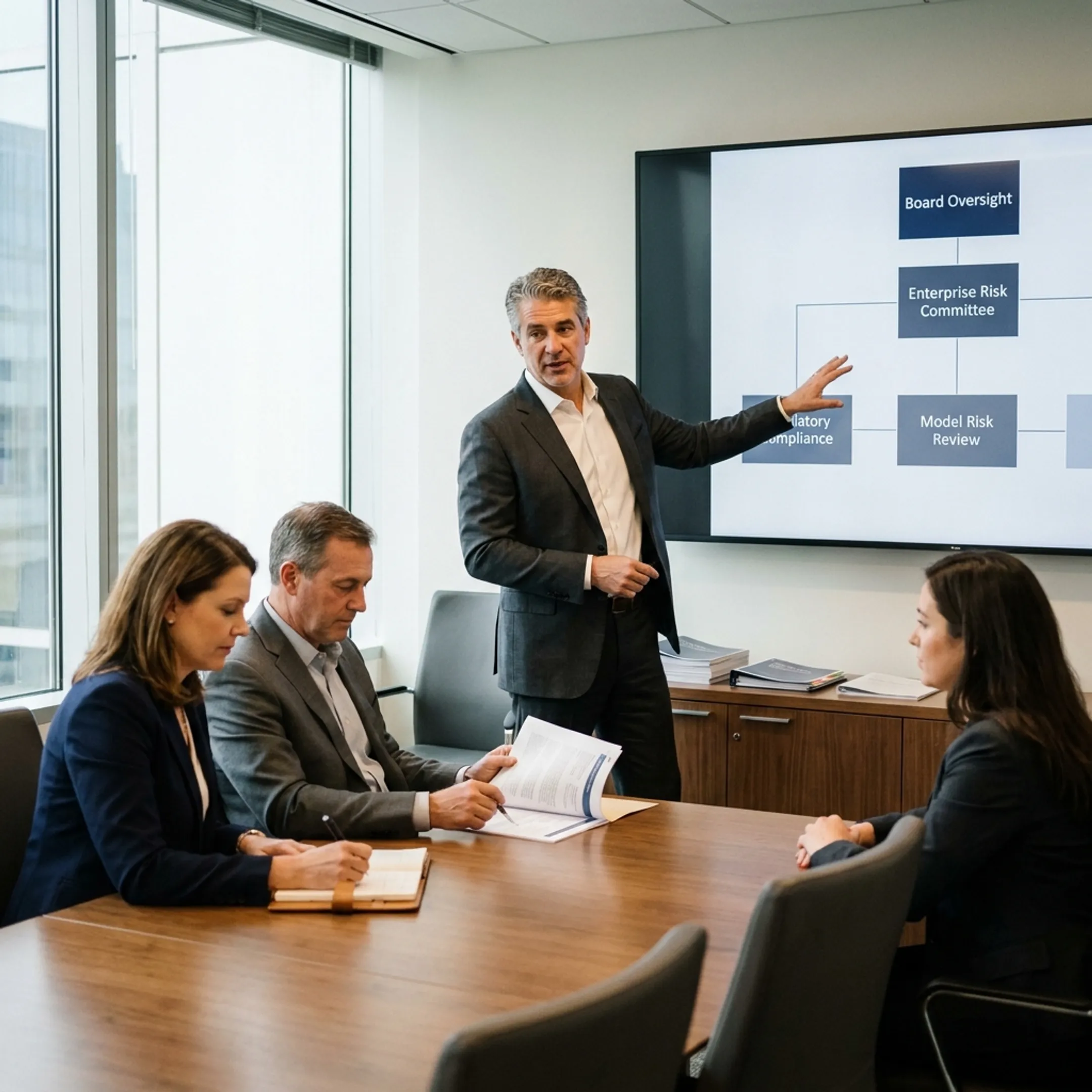 Enterprise risk director presenting governance strategy to corporate leadership